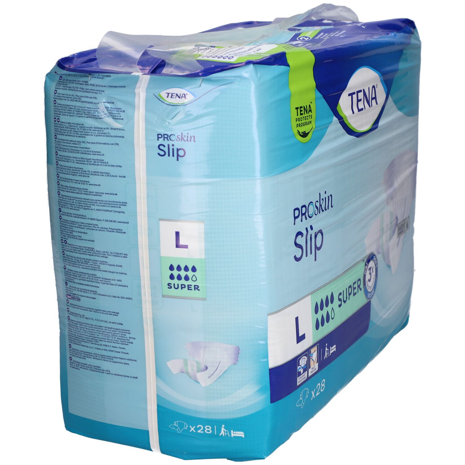 Verpackung von TENA ProSkin Slip Super Gr. L. Blaue Verpackung mit Produktbezeichnung, Größe L und Saugstärke-Indikator. Enthält 28 Stück.