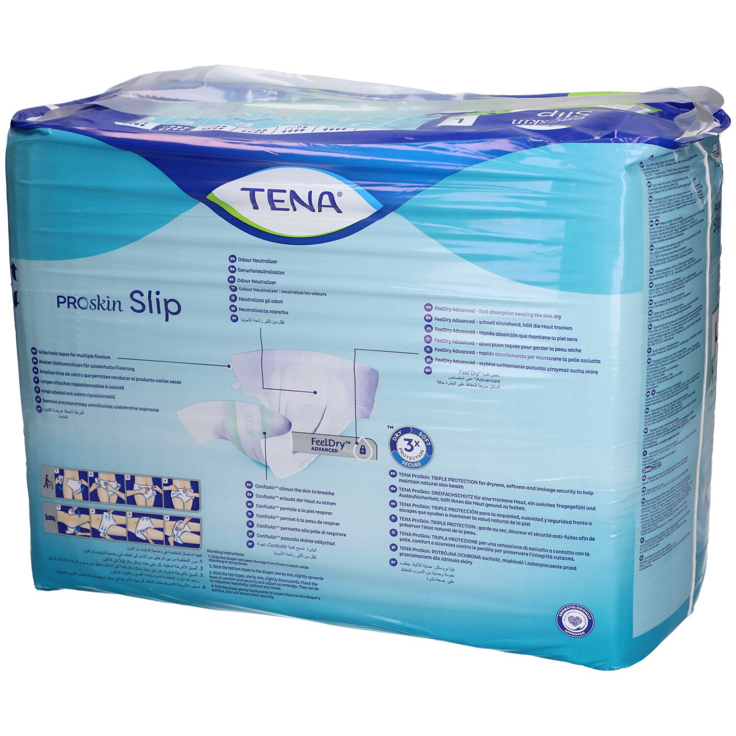 Verpackung von TENA ProSkin Slip Super Gr. L. Blaue Verpackung mit Produktbezeichnung, Größe L und Saugstärke-Indikator. Enthält 28 Stück.