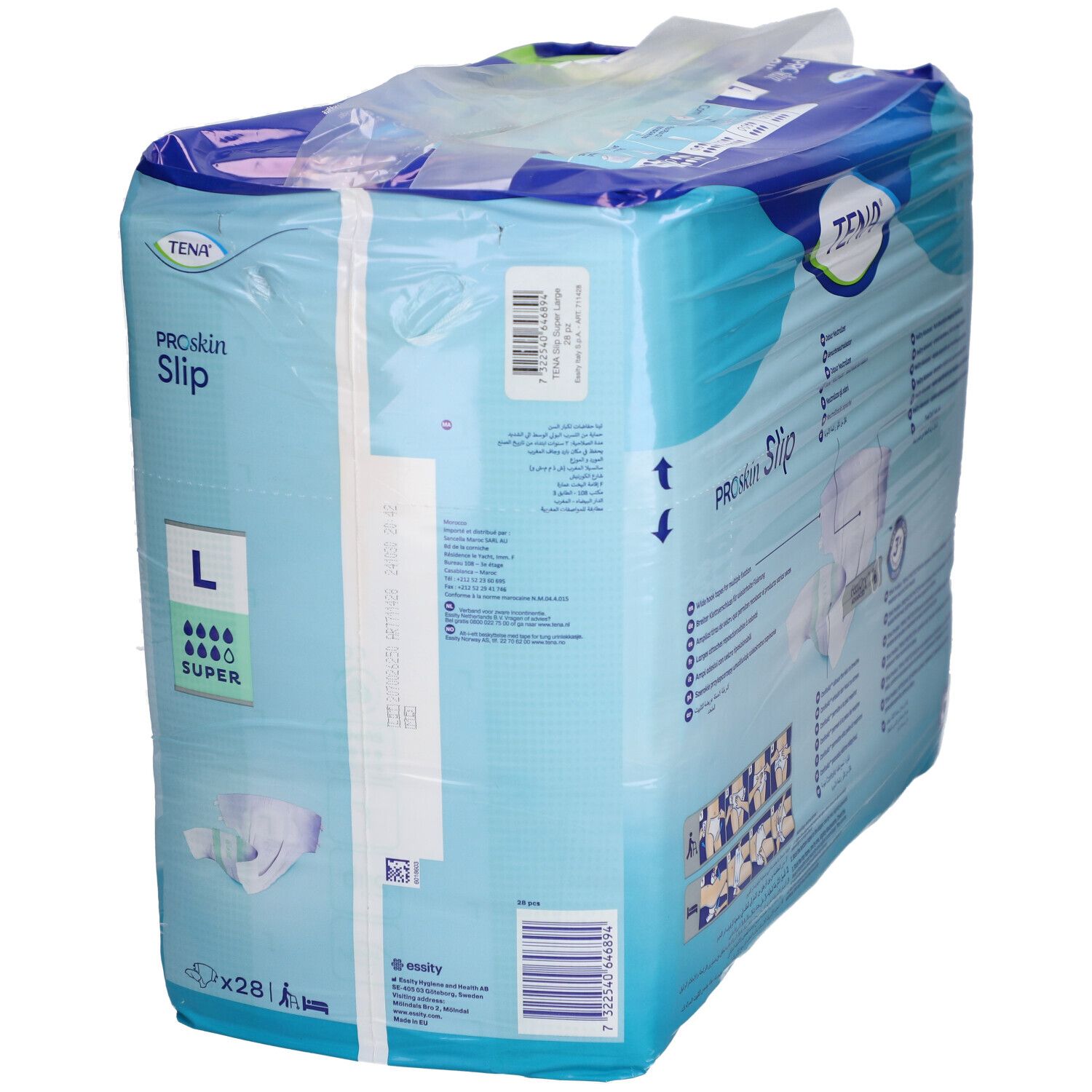 Verpackung von TENA ProSkin Slip Super Gr. L. Blaue Verpackung mit Produktbezeichnung, Größe L und Saugstärke-Indikator. Enthält 28 Stück.
