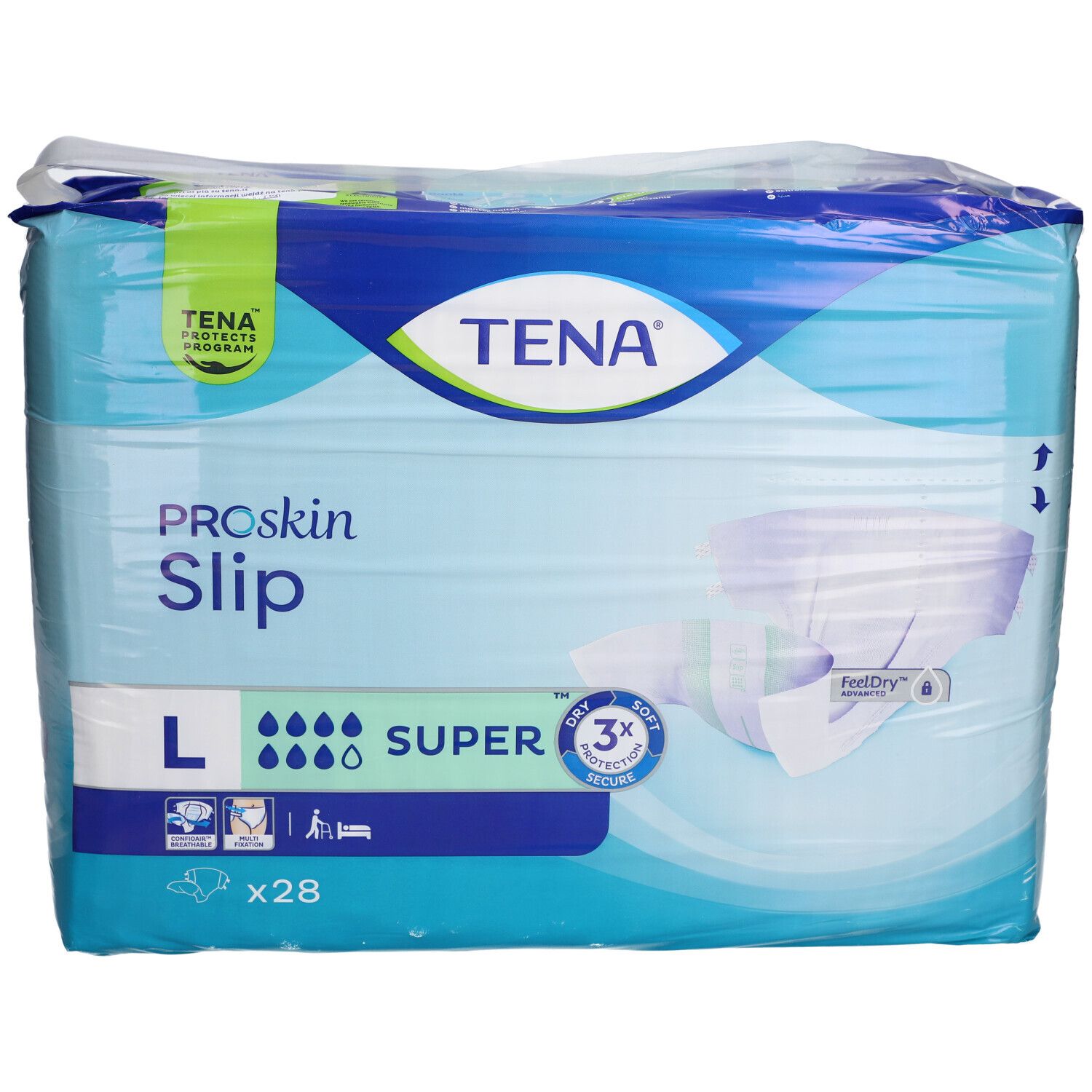 Verpackung von TENA ProSkin Slip Super Gr. L. Blaue Verpackung mit Produktbezeichnung, Saugstärke-Indikator und Größe L. Enthält 28 Stück.