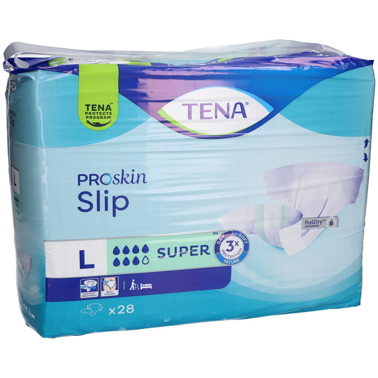 Verpackung von TENA ProSkin Slip Super Gr. L. Blaue Verpackung mit Produktbezeichnung, Saugstärke-Indikator und Größe L. Enthält 28 Stück.