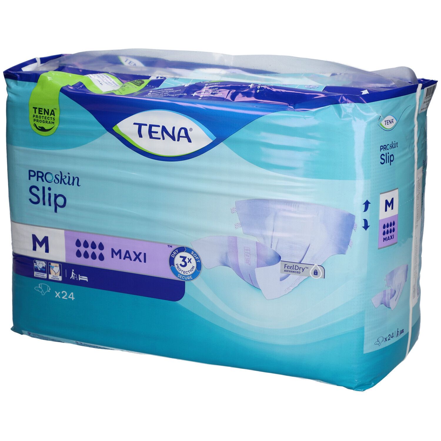 Verpackung TENA ProSkin Slip Maxi M. Größe M, 24 Stück. Sichtbare Merkmale: Marke, Produktname, Saugstärke.