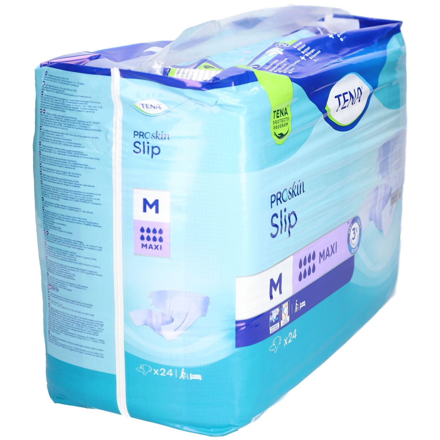 Verpackung TENA ProSkin Slip Maxi M. Größe M, 24 Stück. Sichtbare Merkmale: Marke, Produktname, Saugstärke.