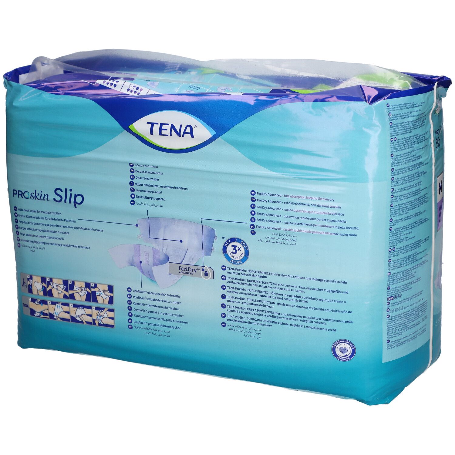 Verpackung TENA ProSkin Slip Maxi M. Größe M, 24 Stück. Sichtbare Merkmale: Marke, Produktname, Saugstärke.