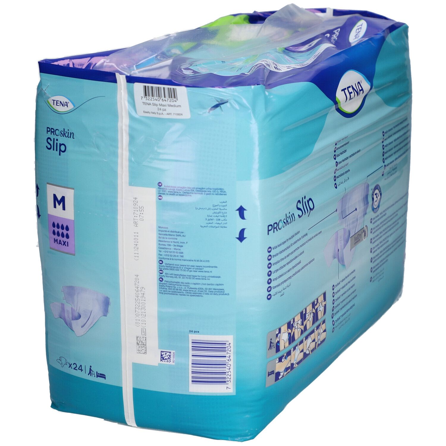 Verpackung TENA ProSkin Slip Maxi M. Größe M, 24 Stück. Sichtbare Merkmale: Marke, Produktname, Saugstärke.