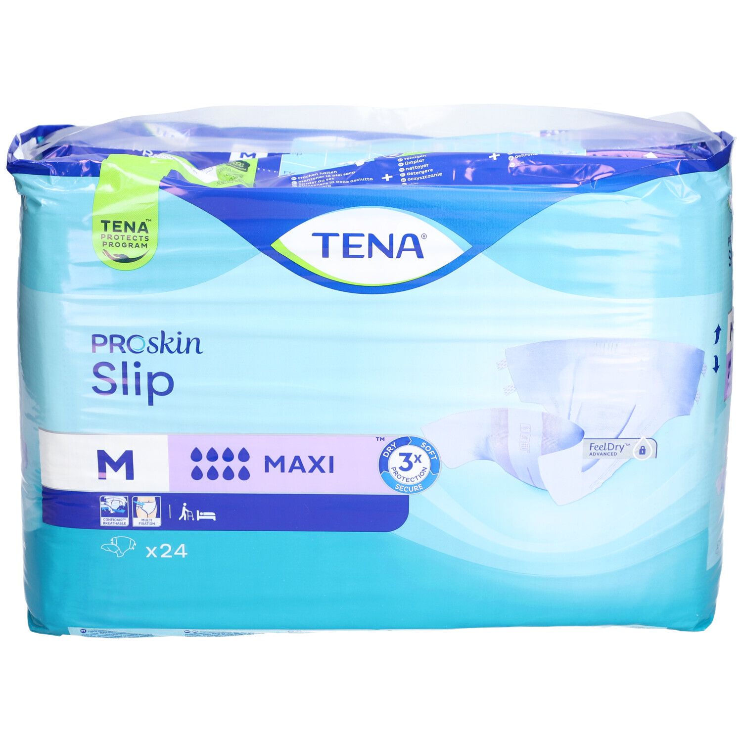 Verpackung TENA ProSkin Slip Maxi M. Größe M, 24 Stück. Sichtbare Merkmale: Marke, Produktname, Saugstärke.