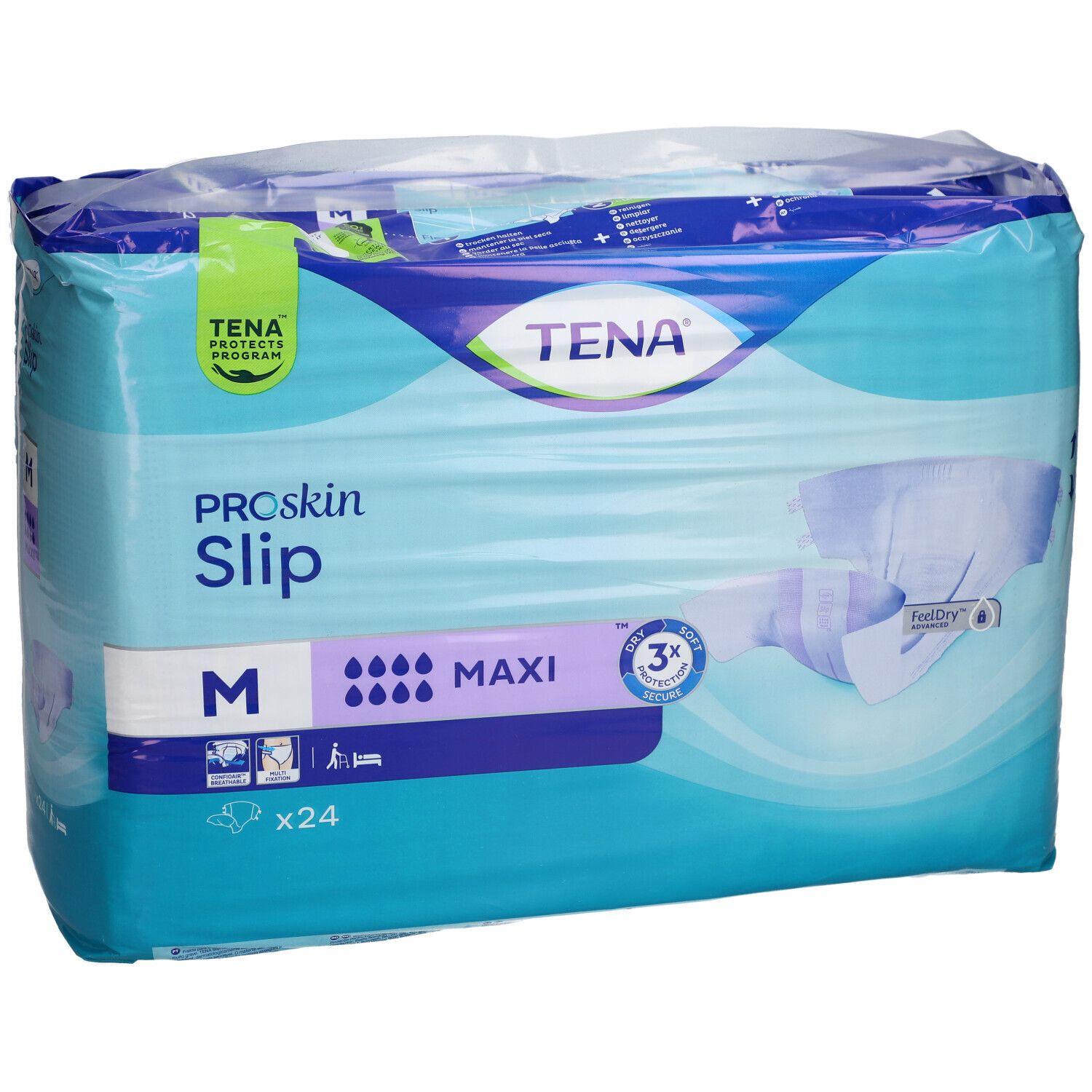 Verpackung TENA ProSkin Slip Maxi M. Größe M, 24 Stück. Sichtbare Merkmale: Marke, Produktname, Saugstärke.