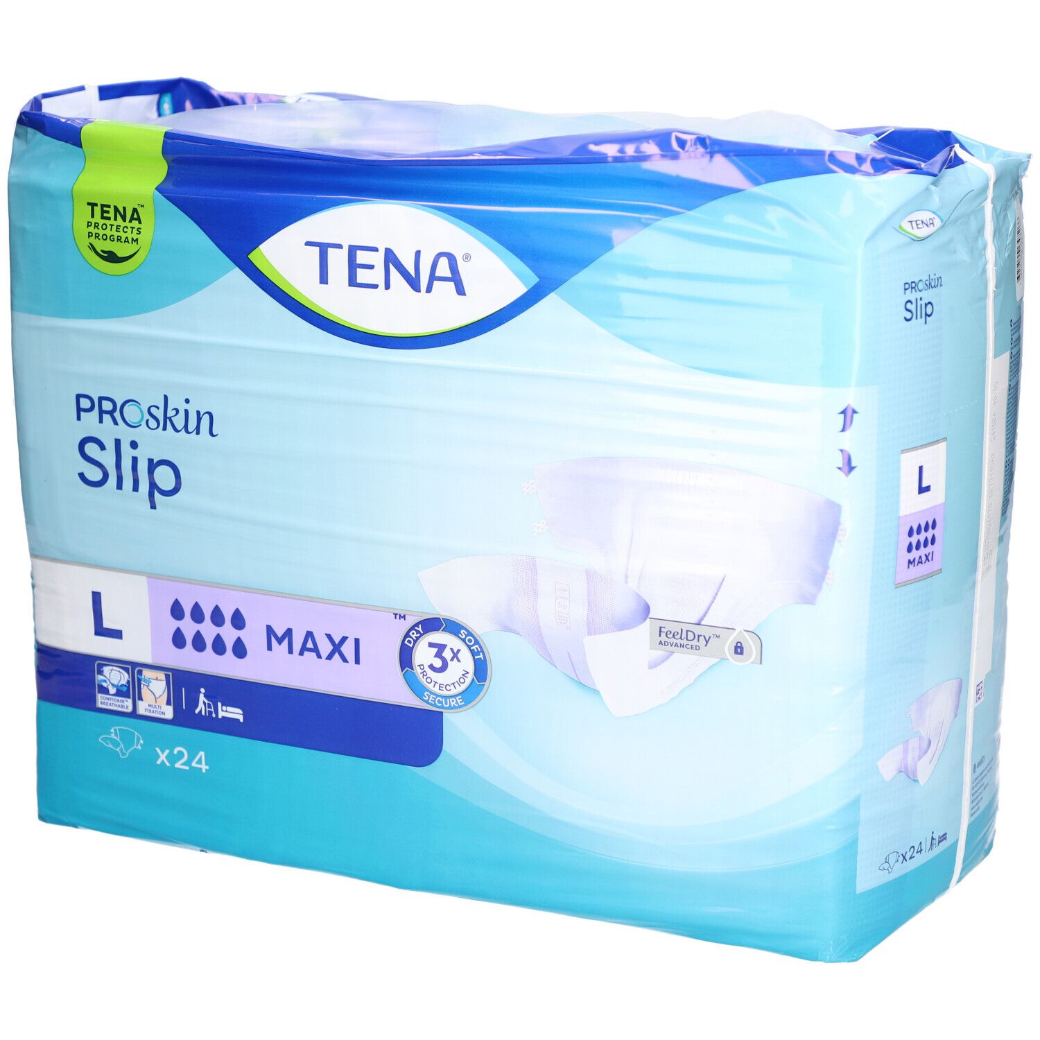 Verpackung TENA ProSkin Slip Maxi, Größe L, x24. Blaue Verpackung mit Produktinformationen und Logo.