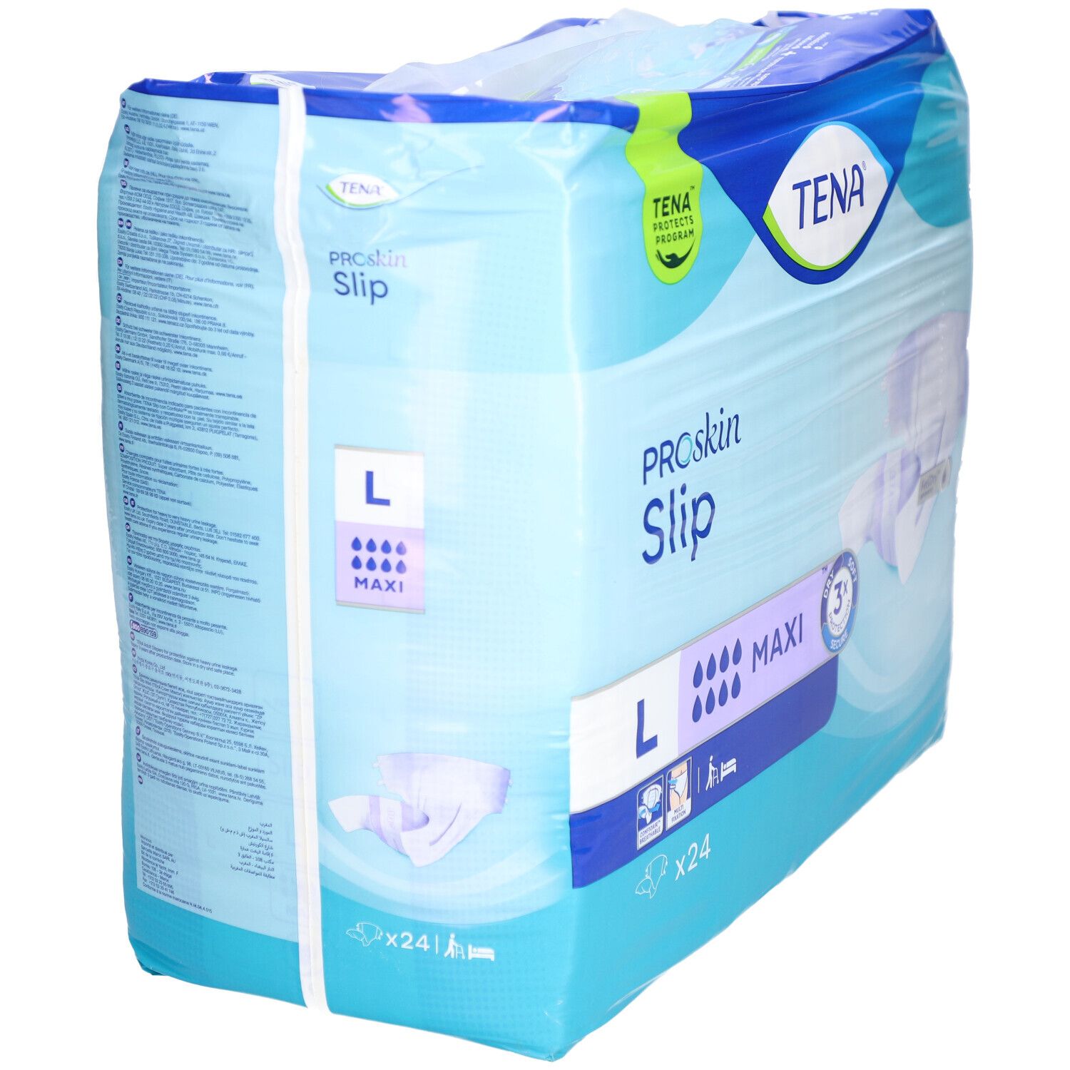 Verpackung TENA ProSkin Slip Maxi, Größe L, x24. Blaue Verpackung, seitliche Ansicht mit Produktinformationen.