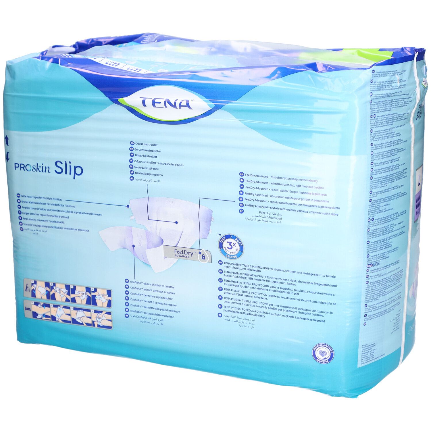 Verpackung TENA ProSkin Slip Maxi, Größe L, x24. Blaue Verpackung, Rückseite mit Produktinformationen.