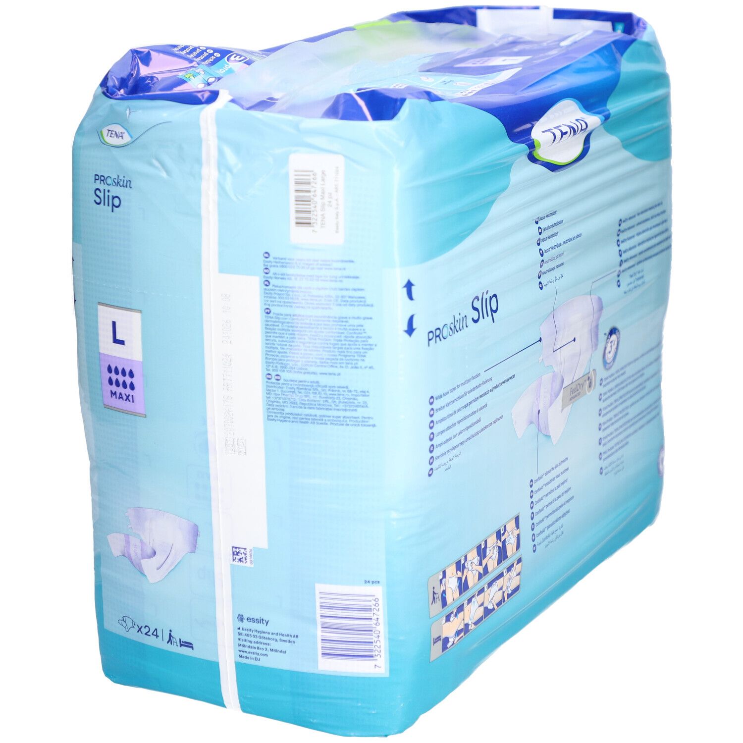 Verpackung TENA ProSkin Slip Maxi, Größe L, x24. Blaue Verpackung, seitliche Ansicht mit Produktinformationen.