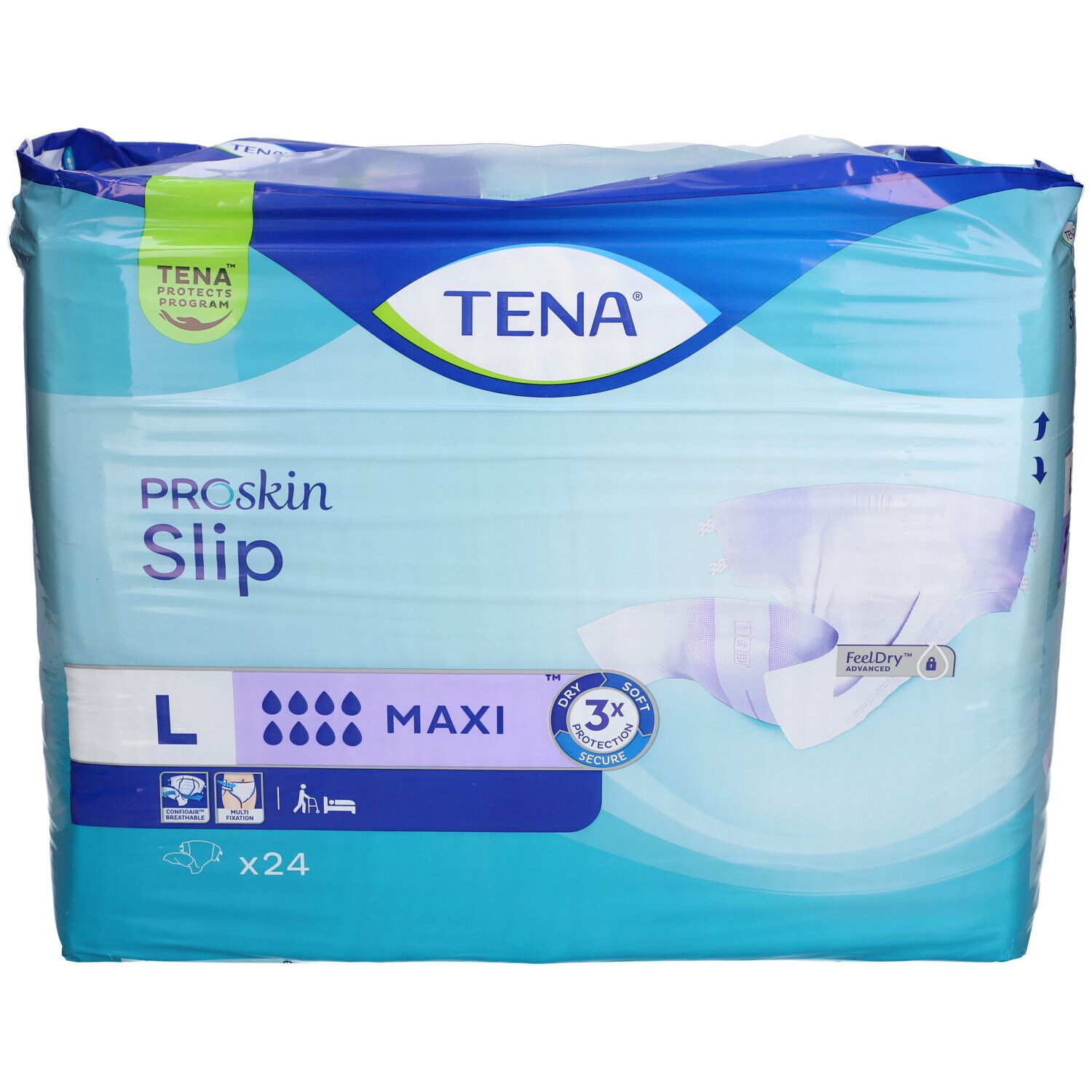 Verpackung TENA ProSkin Slip Maxi, Größe L, x24. Blaue Verpackung mit Produktinformationen und Logo.