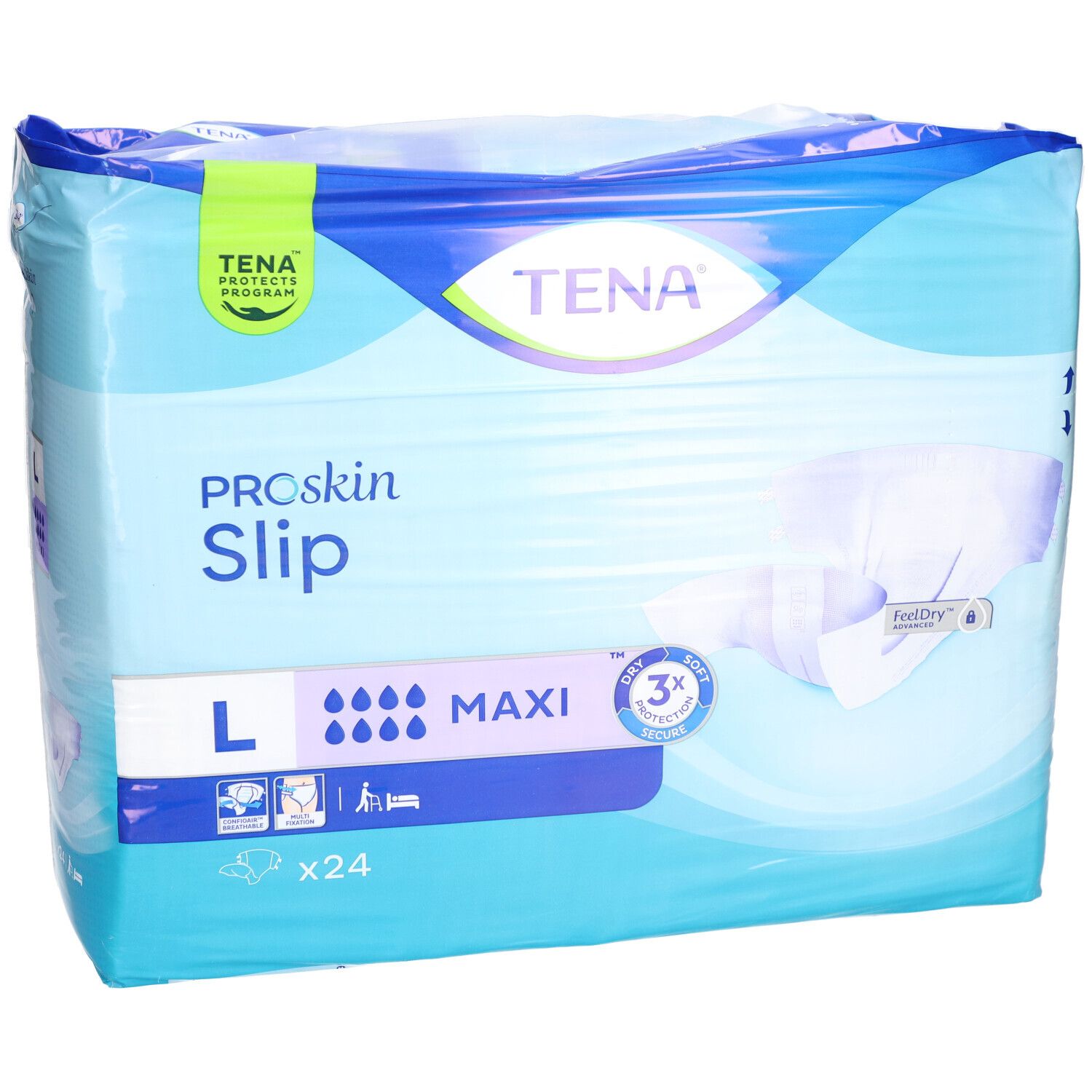 Verpackung TENA ProSkin Slip Maxi, Größe L, x24. Blaue Verpackung mit Produktinformationen und Logo.