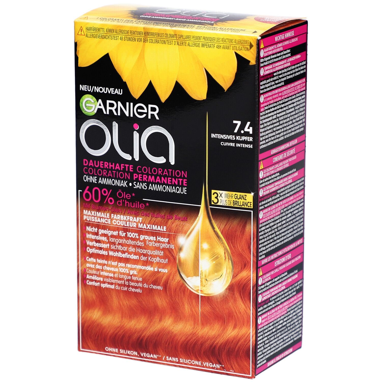 Garnier Olia coloration permanente 7.4 Cuivre Intense. Boîte avec image produit et texte. Contient 60% d'huile. Vegan.