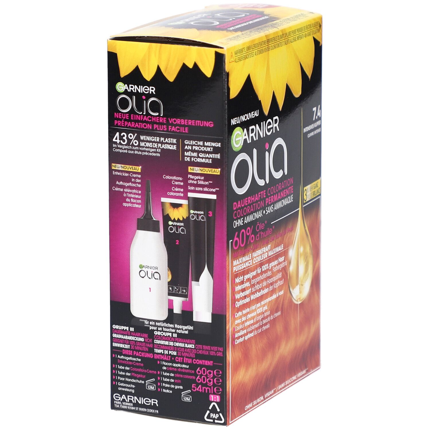 Garnier Olia coloration permanente 7.4 Cuivre Intense. Emballage avec composants du produit. Contient 43% moins de plastique. Vegan.
