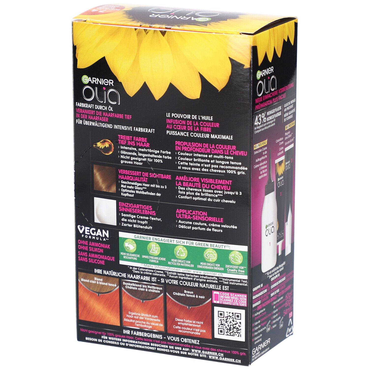 Garnier Olia coloration permanente 7.4 Cuivre Intense. Dos de l'emballage avec informations et exemples d'application. Vegan.