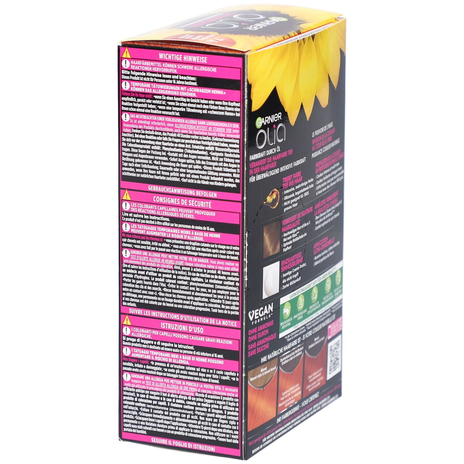 Garnier Olia coloration permanente 7.4 Cuivre Intense. Emballage avec consignes de sécurité et instructions d'utilisation. Vegan.