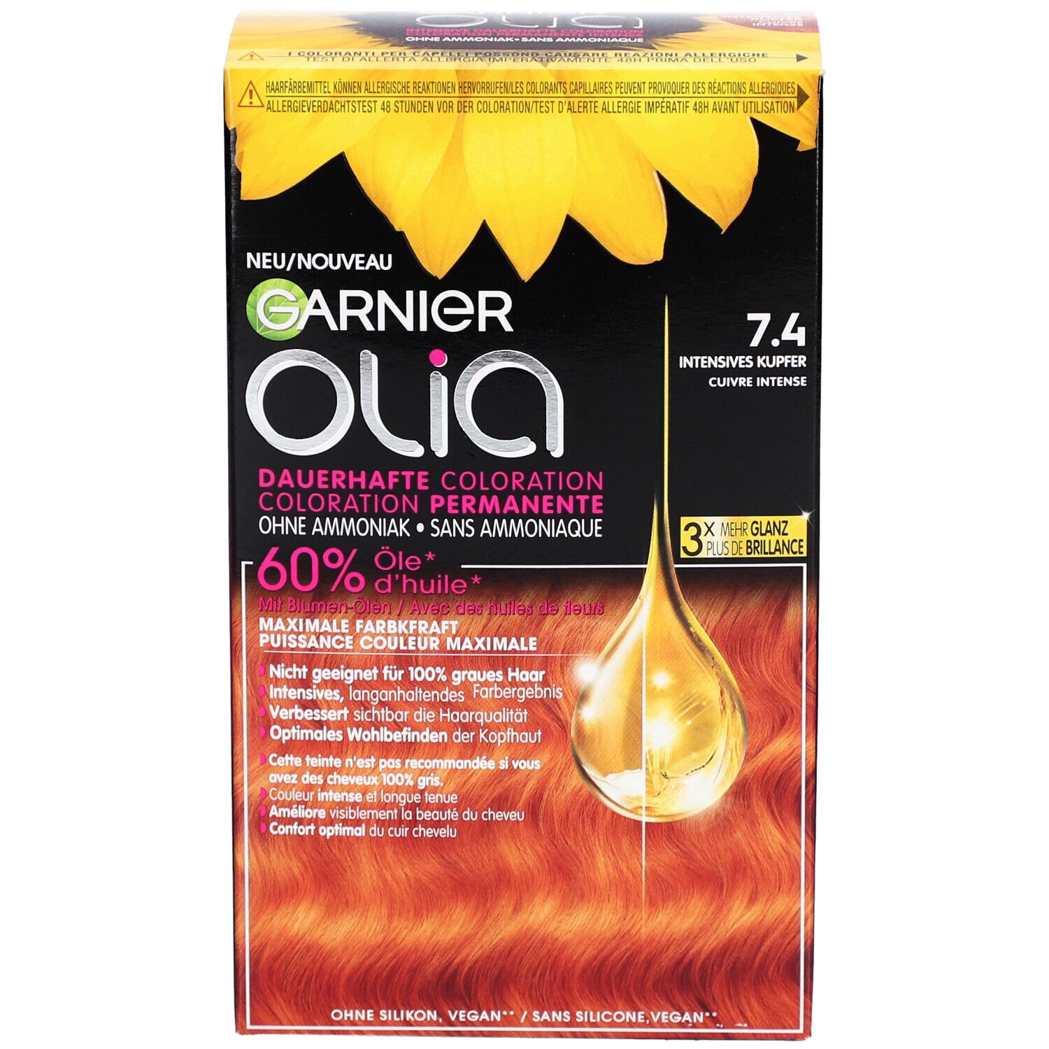 Garnier Olia coloration permanente 7.4 Cuivre Intense. Emballage avec image et texte du produit. Contient 60% d'huile. Vegan.
