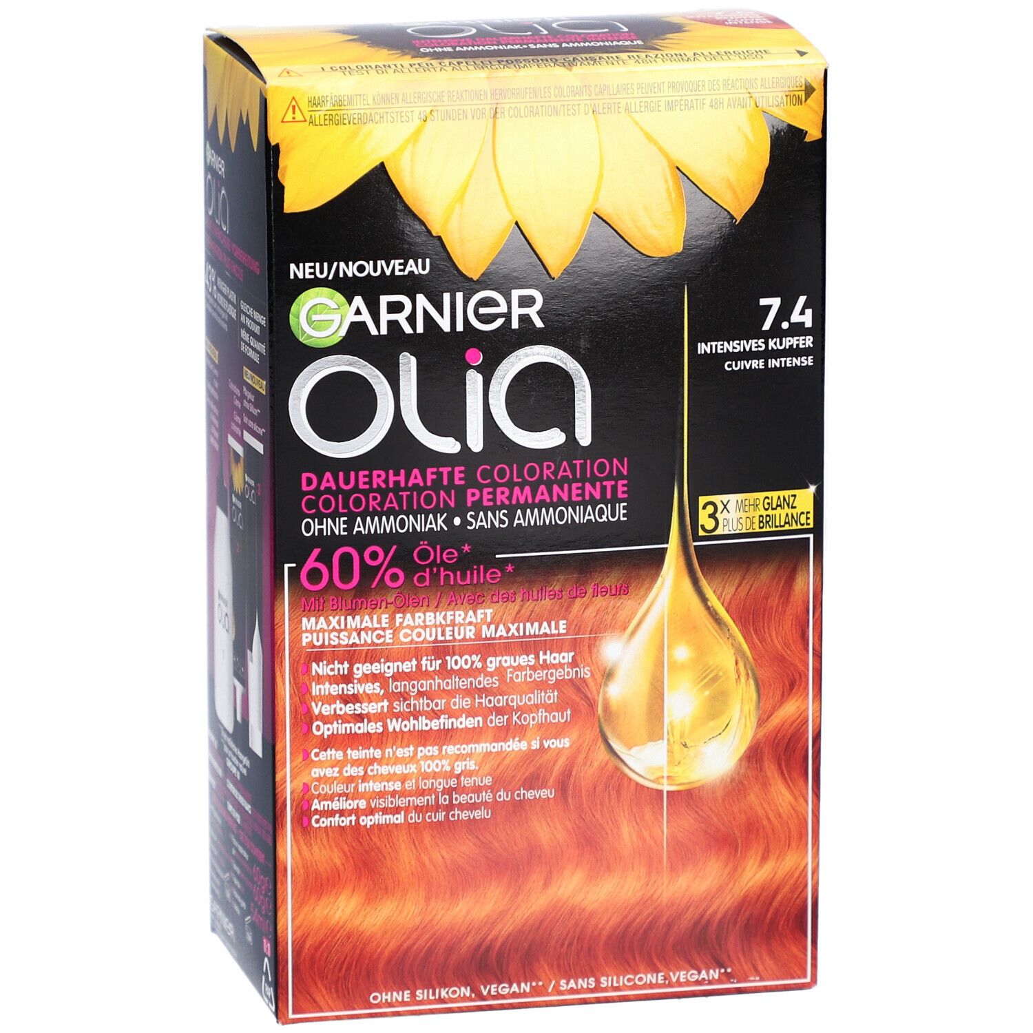 Garnier Olia coloration permanente 7.4 Cuivre Intense. Emballage avec image et texte du produit. Contient 60% d'huile. Vegan.