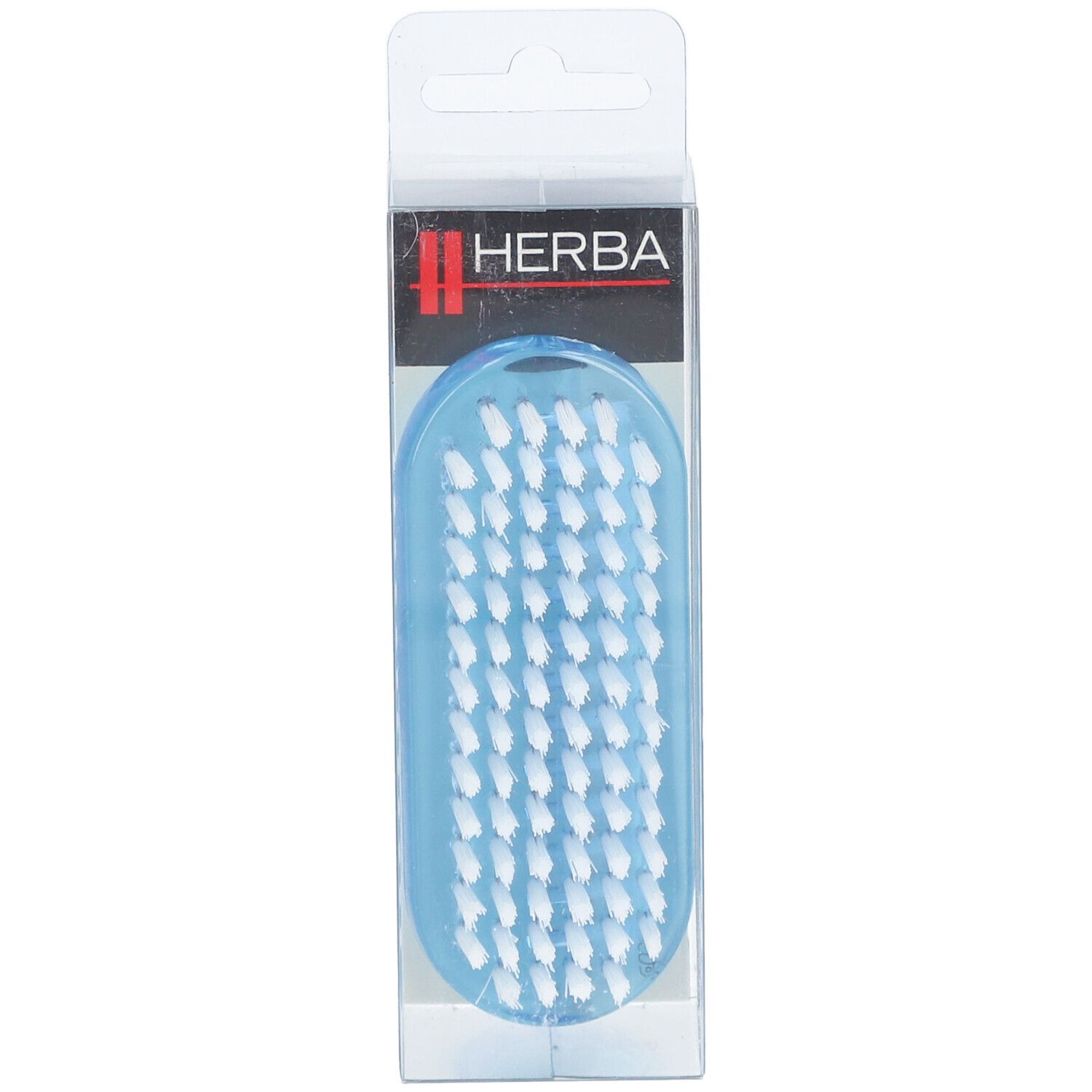 Lichtblauwe nagel- en handborstel in transparante verpakking. HERBA-logo bovenaan.