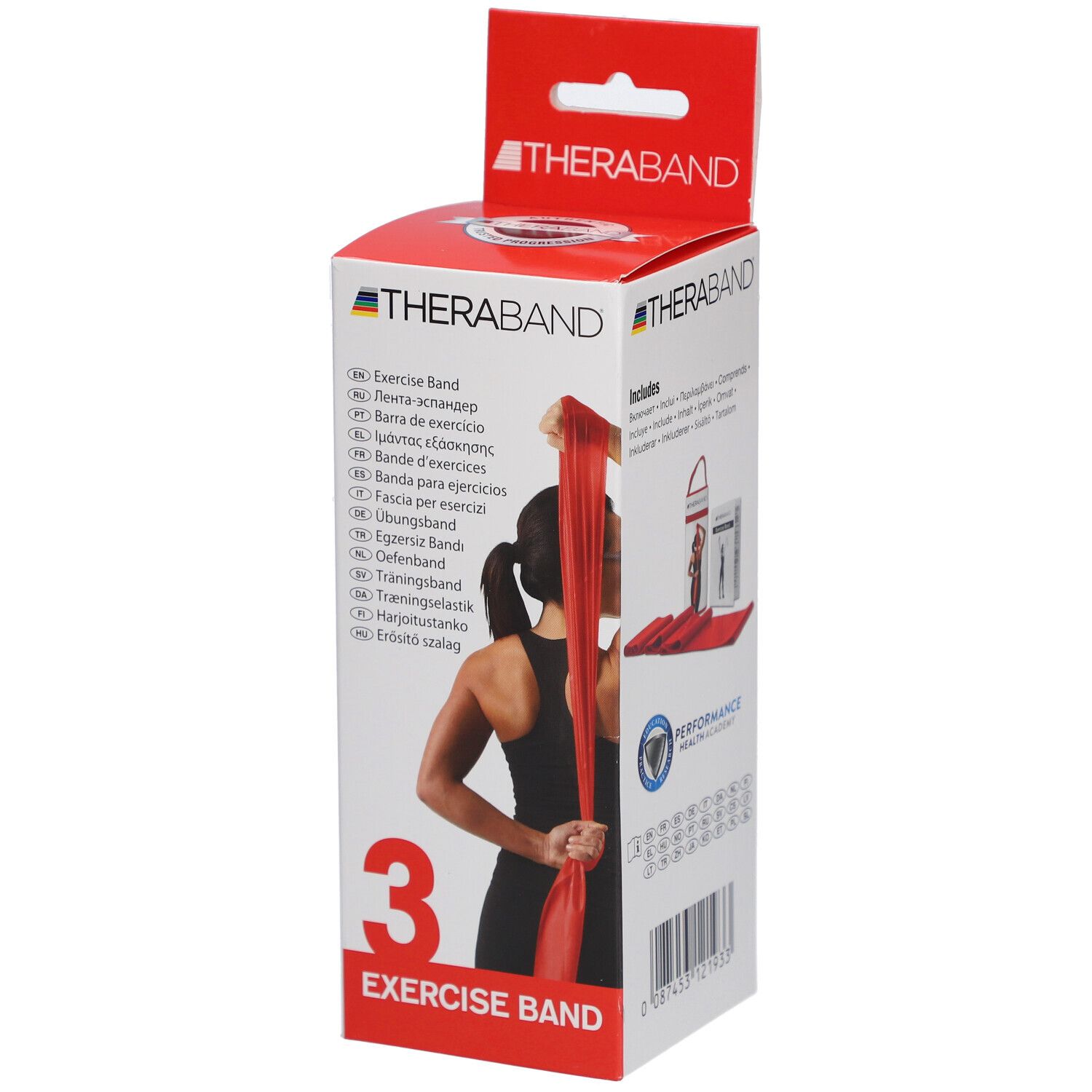TheraBand Übungsband in roter Verpackung. Aufdruck: Exercise Band. Frau hält Band. Box mit Produktinformationen.