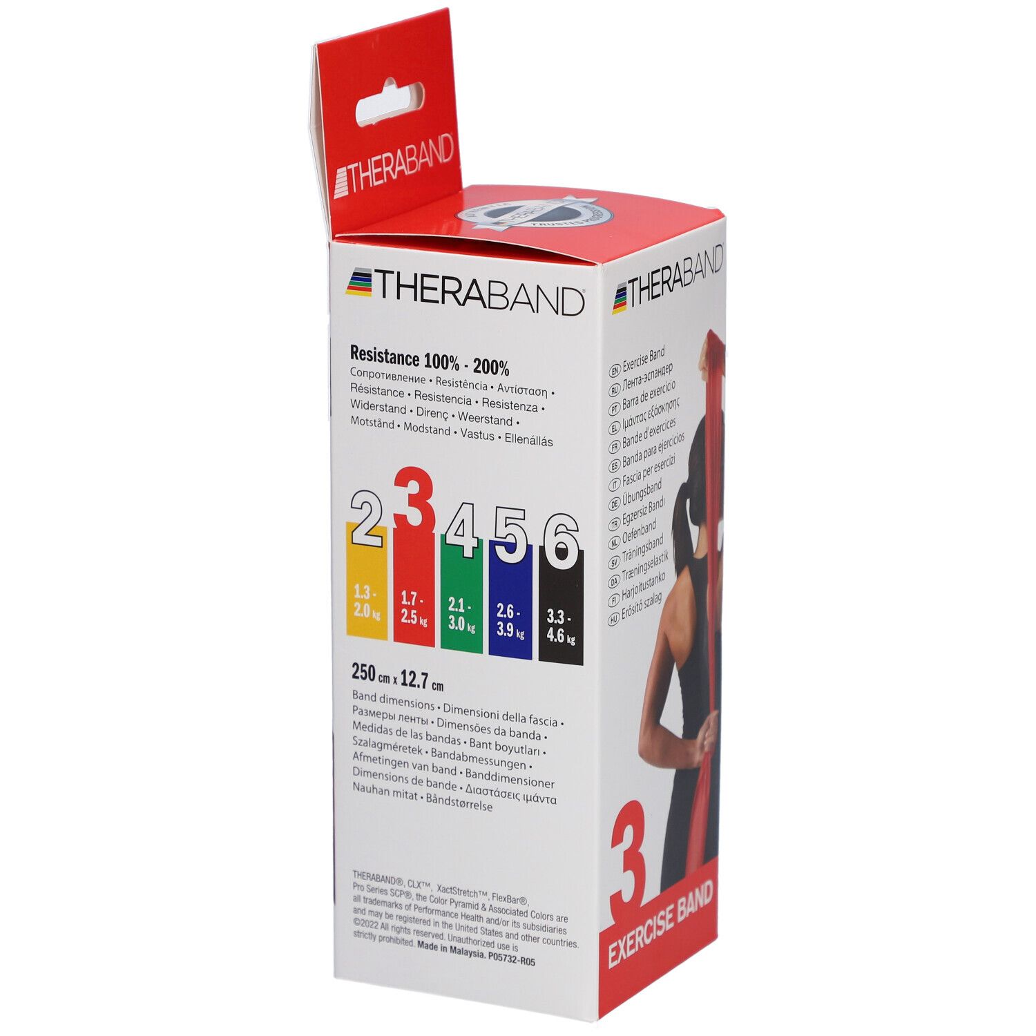 TheraBand Exercise Band Box. Farbcodierung für Widerstandsstufen. Widerstandsbereiche 100%-200%. Bandabmessungen 250x12.7mm. Nummer 3.