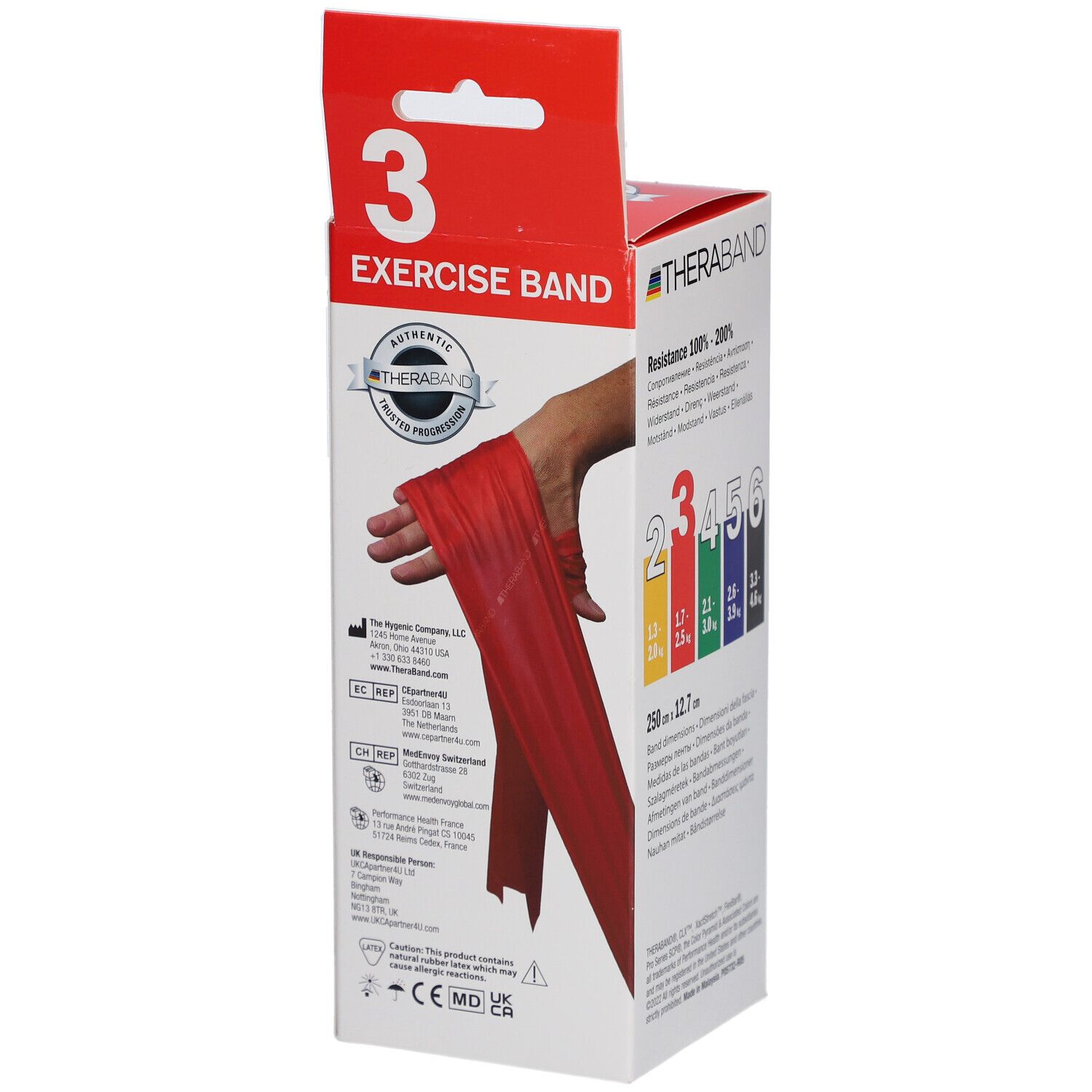 TheraBand Exercise Band Box. Logo und Text. Zertifizierungen. Rotes Übungsband. Widerstandsbereiche 100%-200%. Bandabmessungen 250x12.7mm.