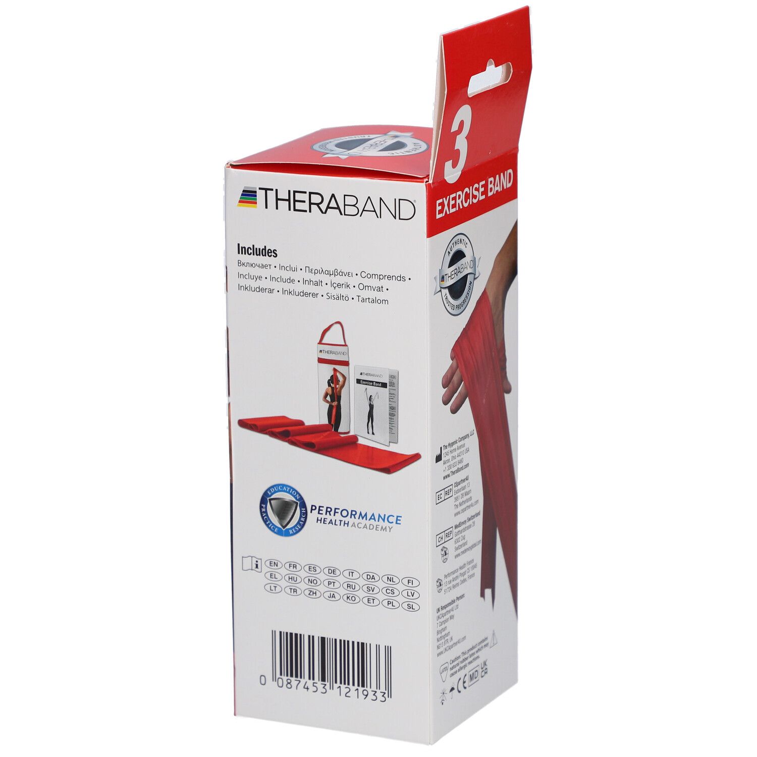 TheraBand Exercise Band Box. Enthält: Übungsband, Flyer. Performance Health Academy Logo. Produktinformationen. Nummer 3.