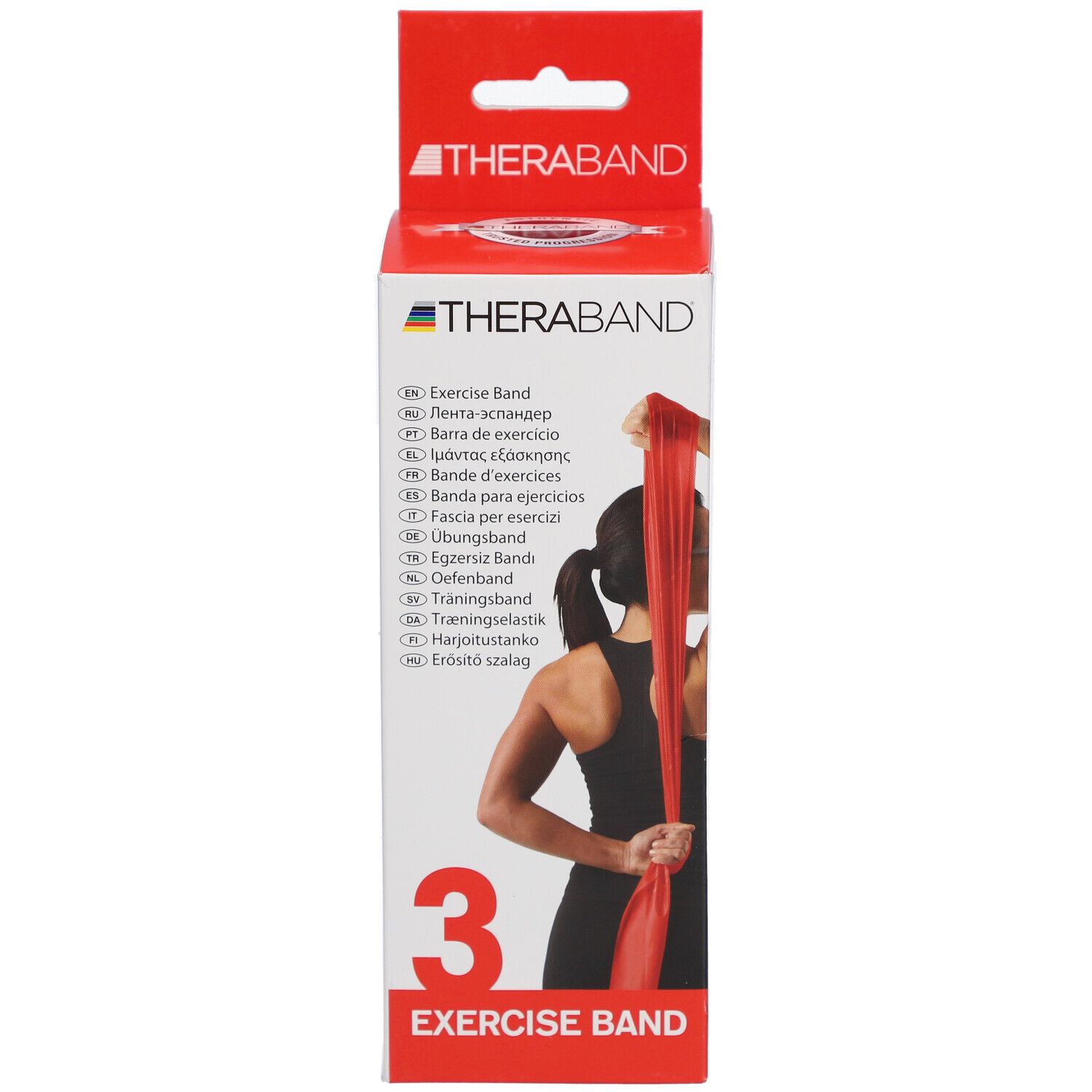TheraBand Exercise Band Box. Rotes Übungsband. Frau hält Band. Produktinformationen. Nummer 3. Logo TheraBand.