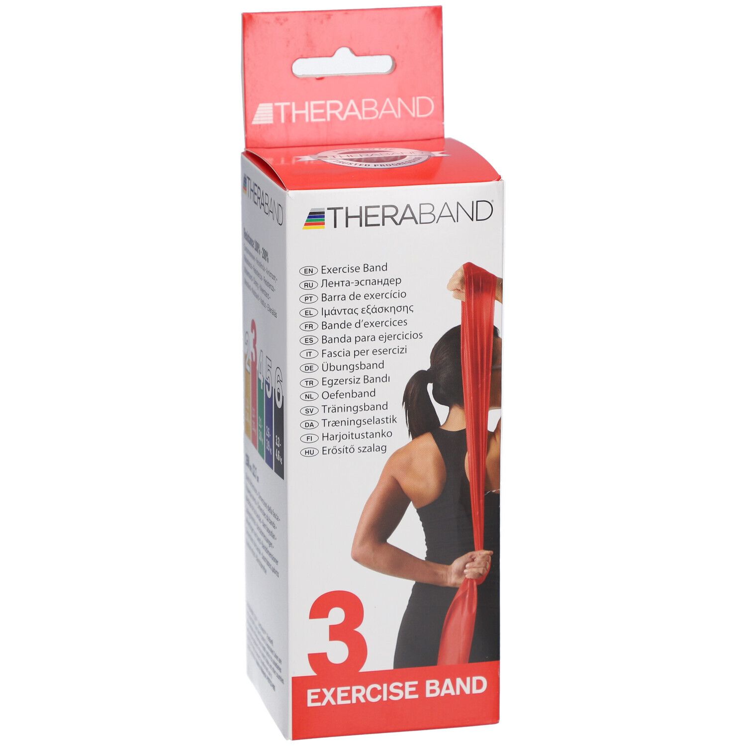 TheraBand Exercise Band Box. Rotes Übungsband. Frau hält Band. Produktinformationen. Nummer 3. Logo TheraBand.