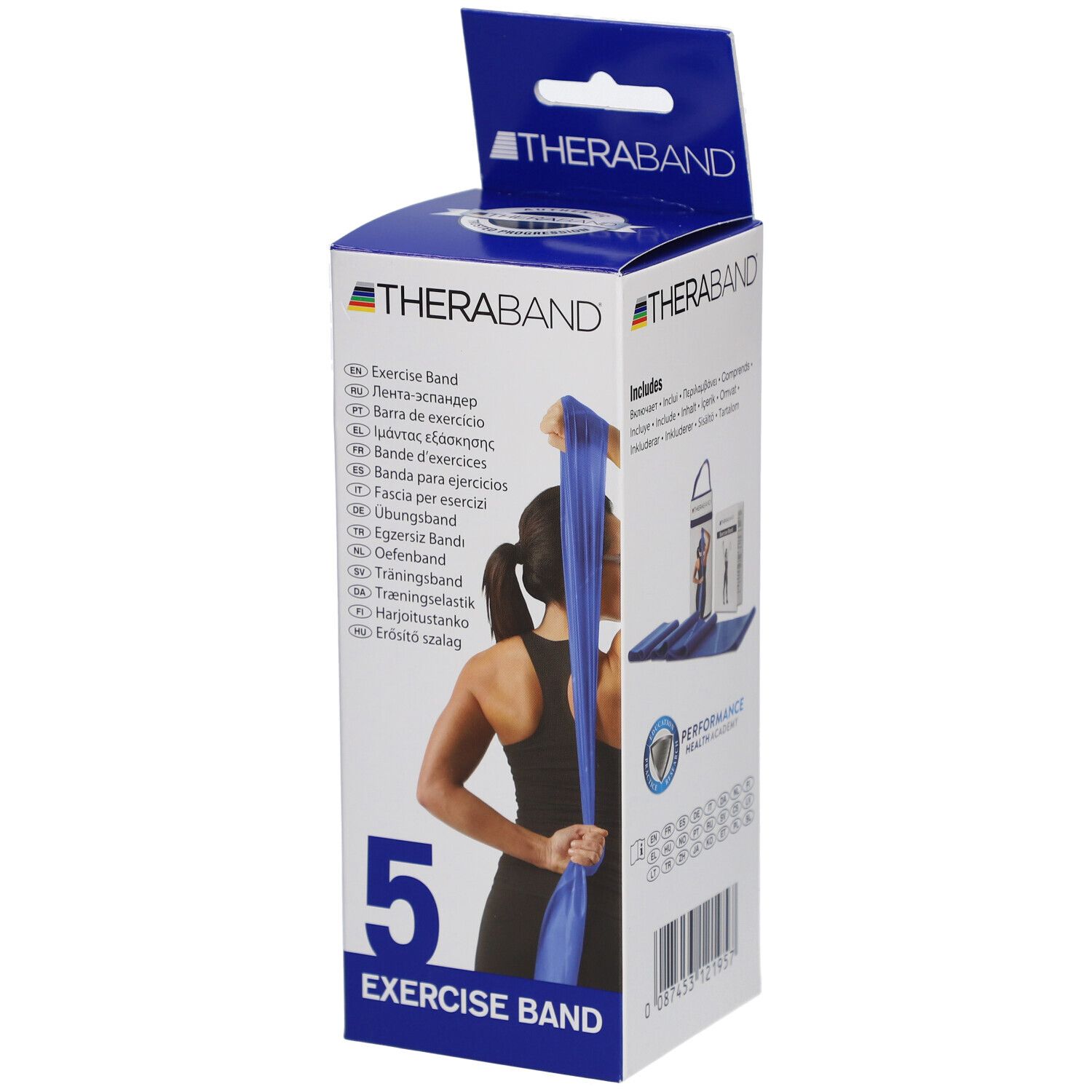 TheraBand-Box. Blaue Übungsband, Frau hält Band. Text: Exercise Band, 5, TheraBand.