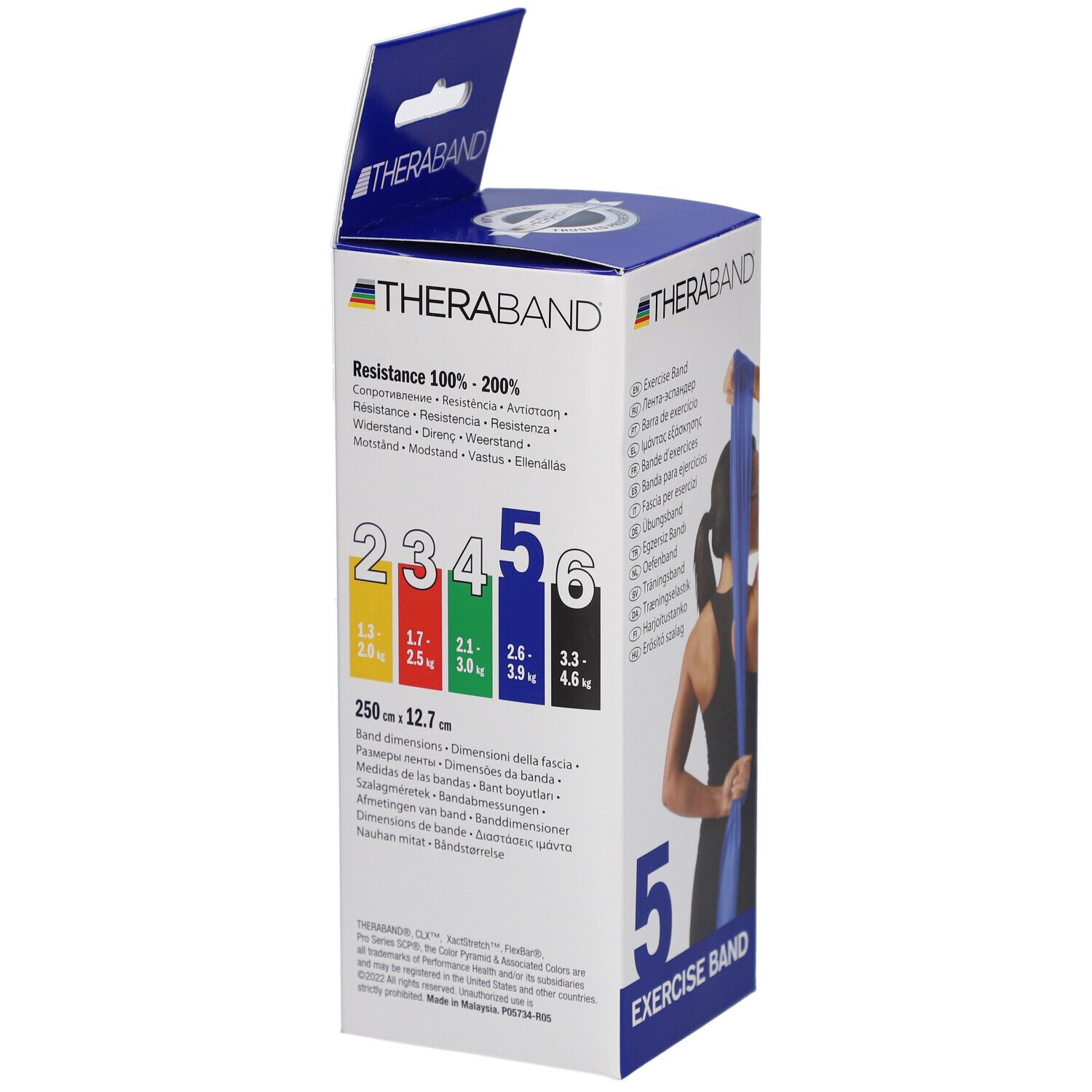 TheraBand-Box. Farbcode-Diagramm für Widerstand. Text: 250 cm, 12.7 cm, Exercise Band, 5, TheraBand.