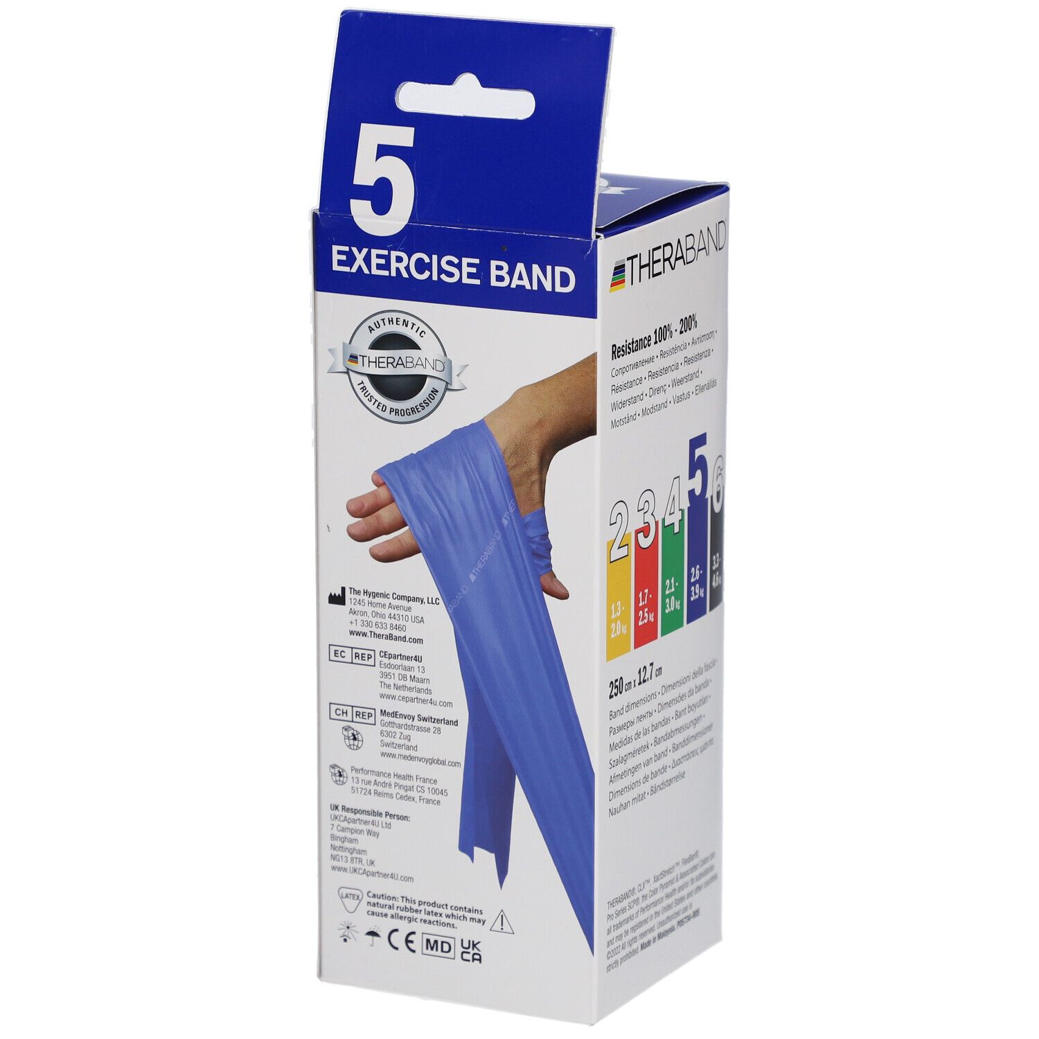 TheraBand-Box. Blaue Übungsband, Hand hält Band. Text: Exercise Band, 5, TheraBand.