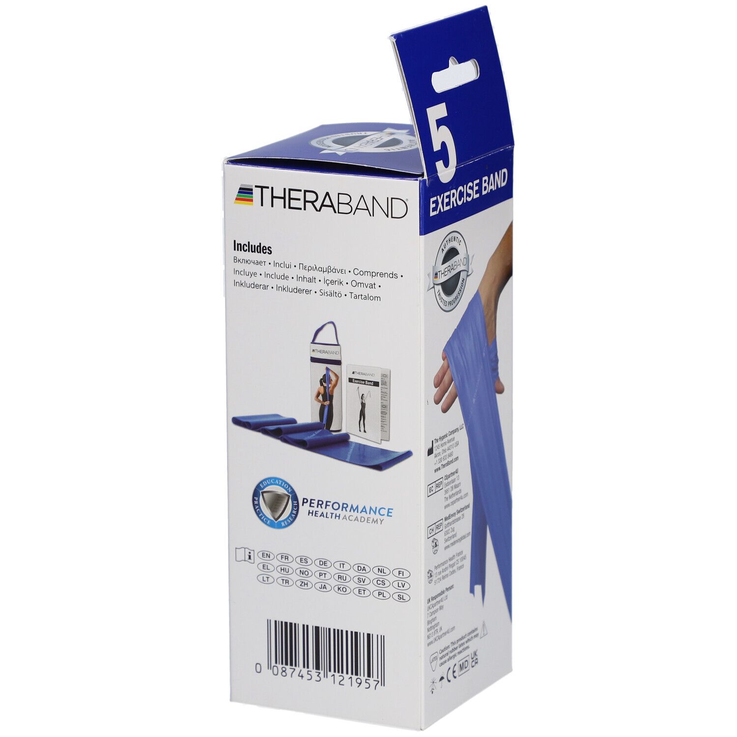 TheraBand-Box. Zubehör: Matte, Tasche. Text: Exercise Band, 5, TheraBand.