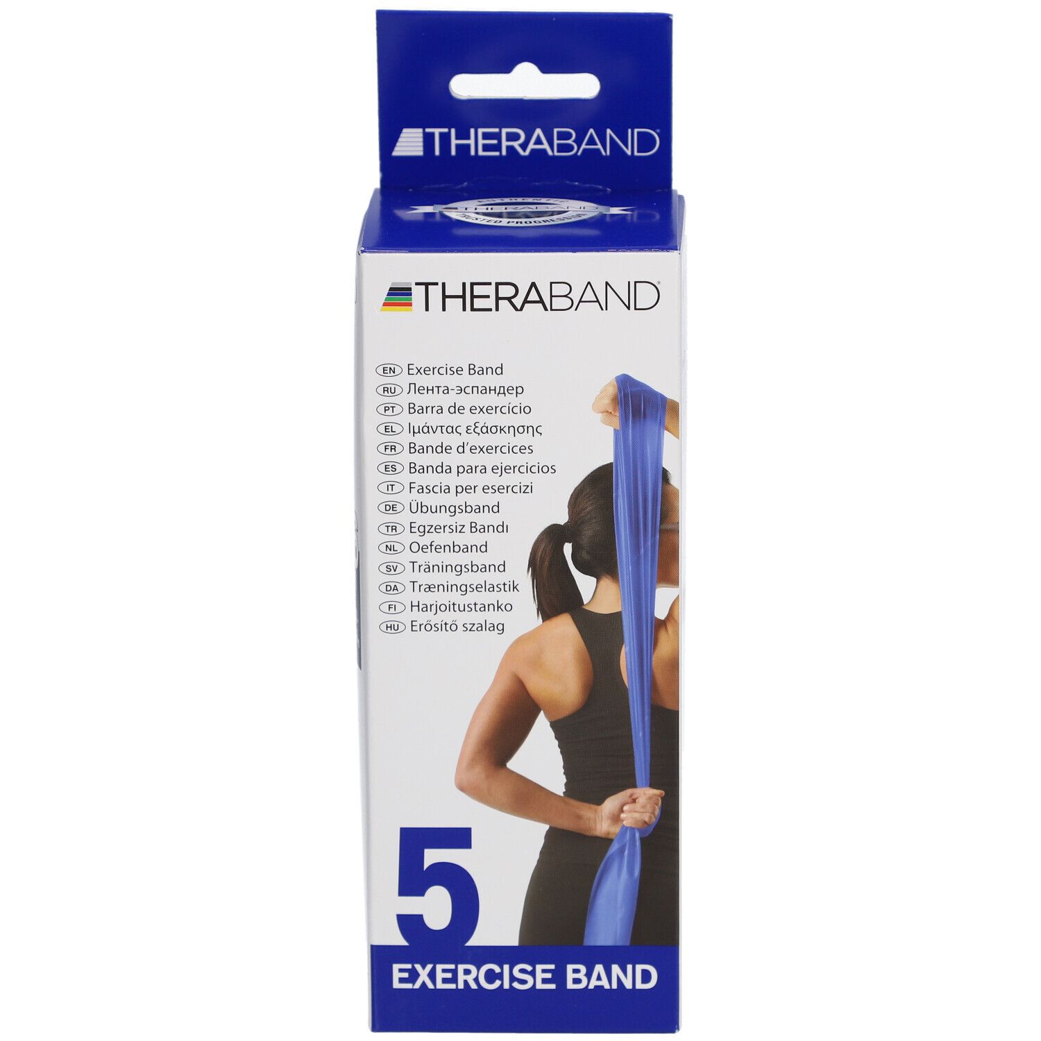 TheraBand-Box. Blaue Übungsband, Frau hält Band. Text: Exercise Band, 5, TheraBand.