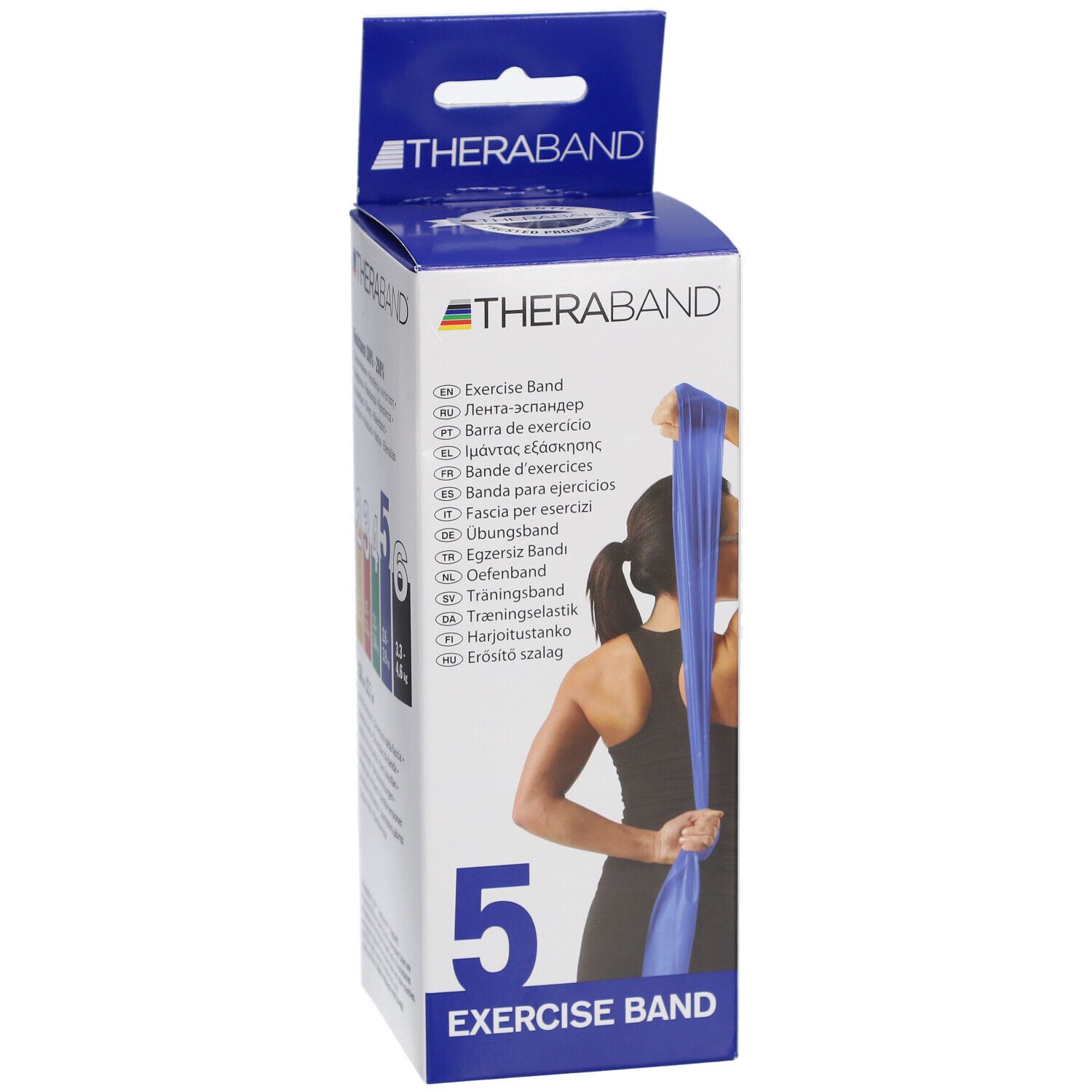 TheraBand-Box. Blaue Übungsband, Frau hält Band. Text: Exercise Band, 5, TheraBand.