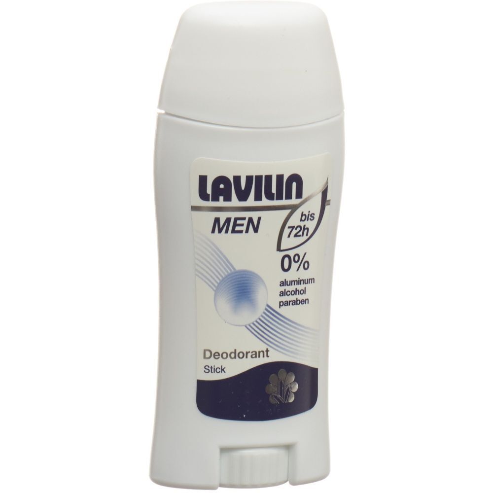 Weißer Deostick mit Kappe. Aufkleber mit "LAVILIN MEN", "0%" und "Deodorant Stick".