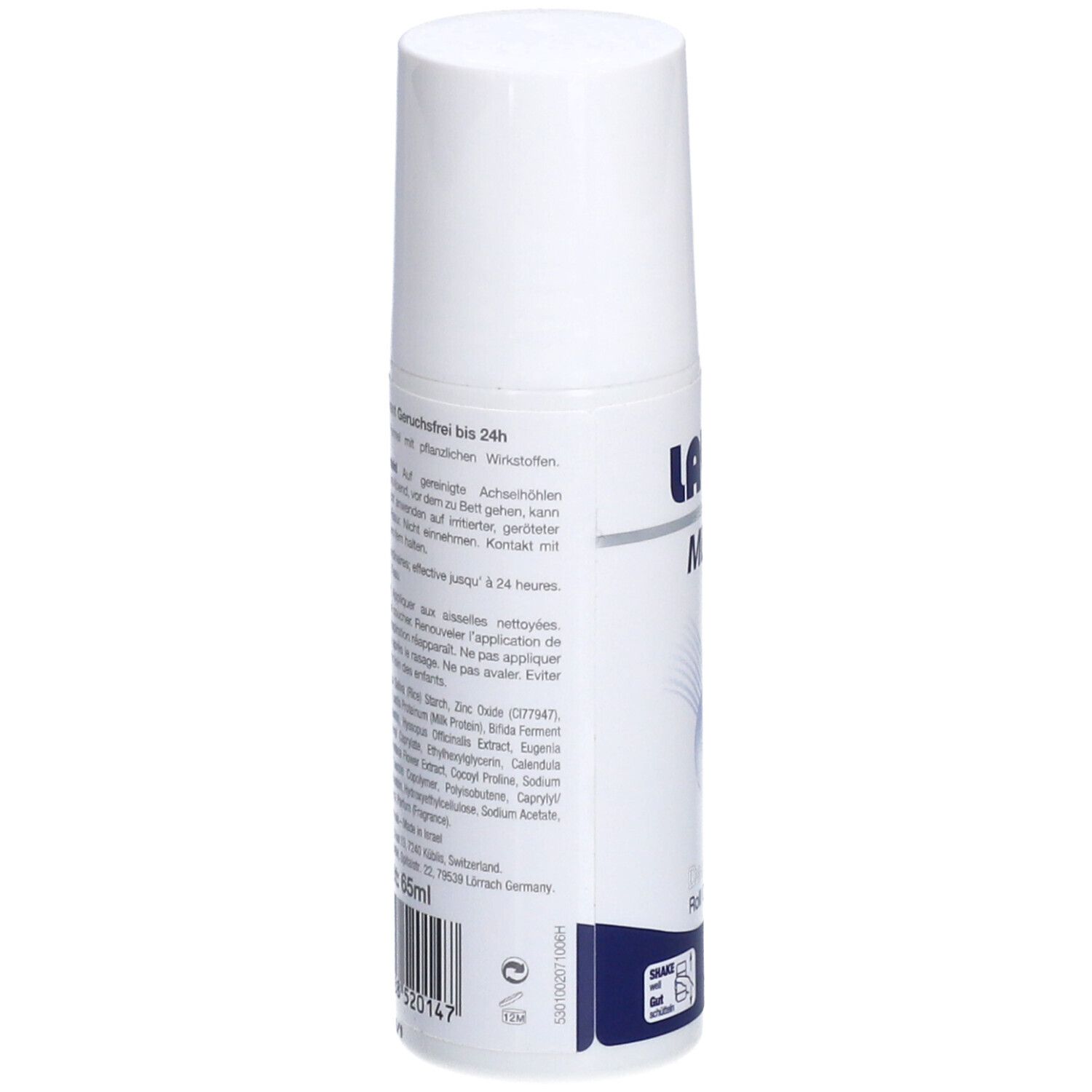 Weißer Roll-On-Deo mit Text auf der Rückseite. Enthält Inhaltsstoffe und Herstellerinformationen.