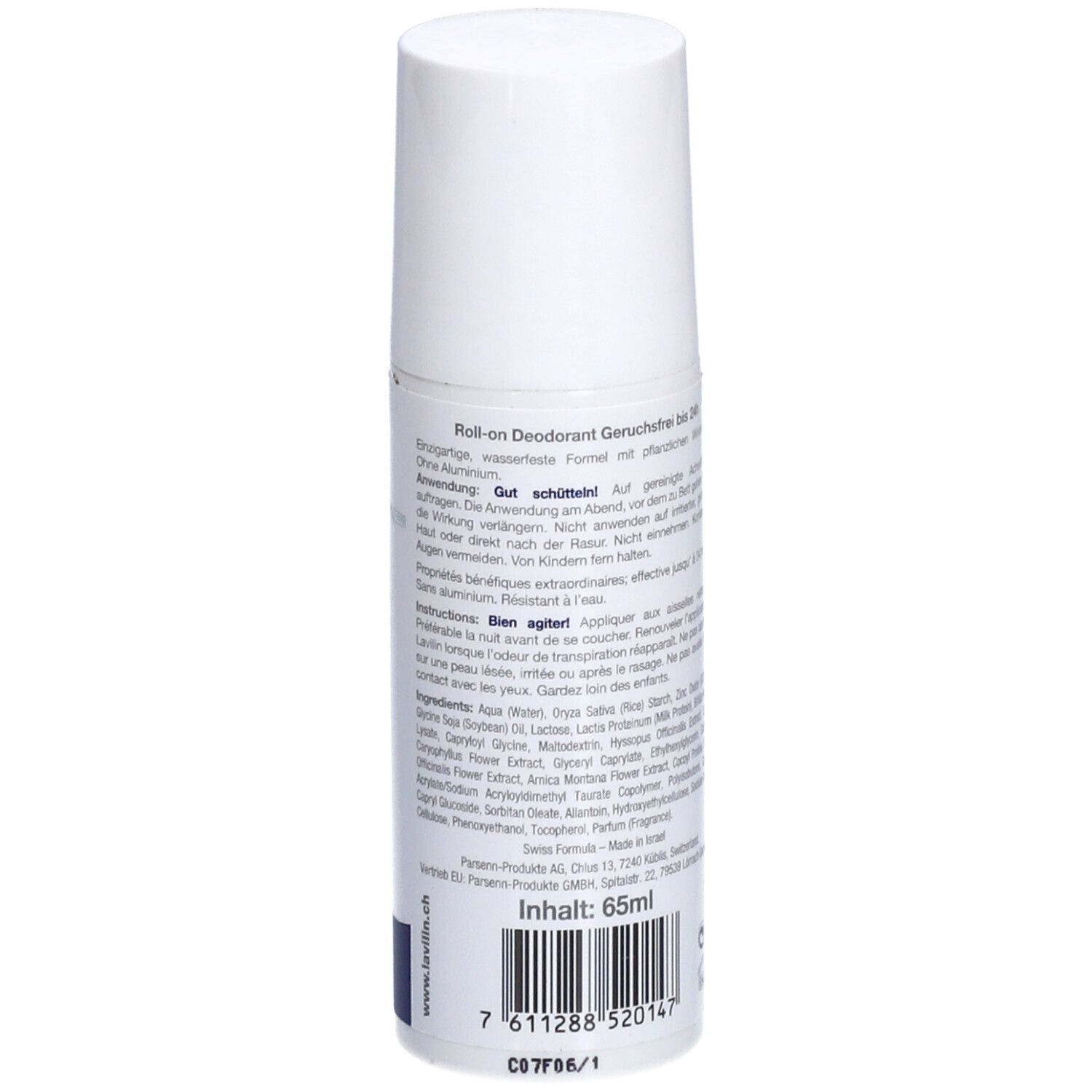 Weißer Roll-On-Deo mit Text auf der Rückseite. Enthält Inhaltsstoffe und Herstellerinformationen.
