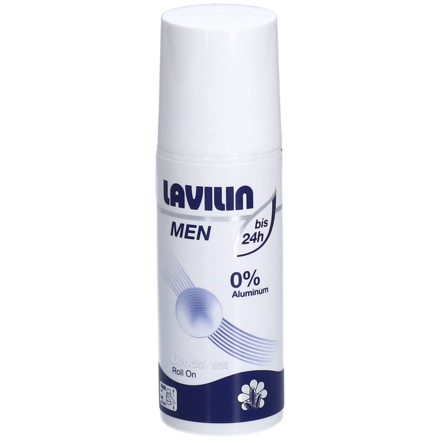 Weißer Roll-On-Deo mit blauer Grafik. Schriftzug: LAVILIN MEN, 0% Aluminium. Blüte-Symbol.