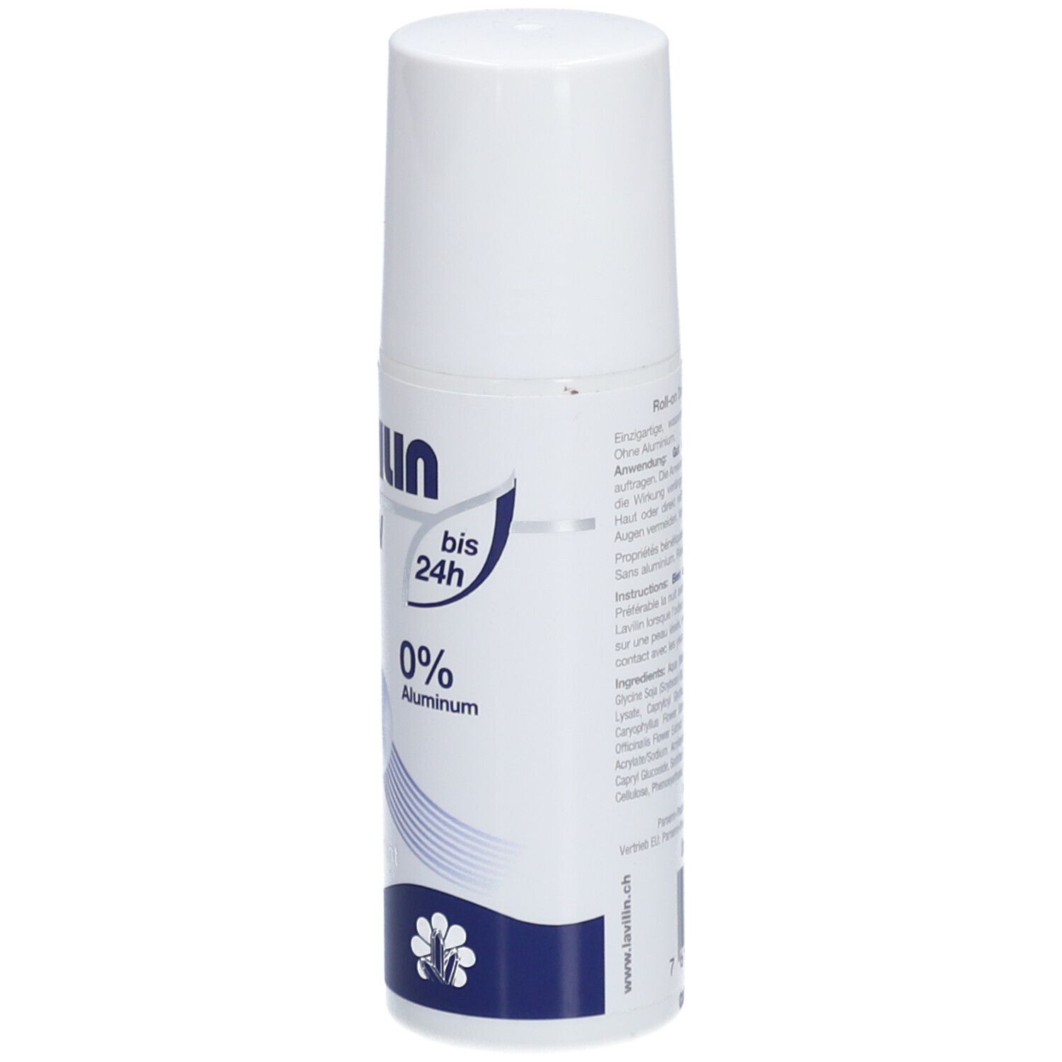 Weißer Roll-On-Deo mit blauer Grafik. Schriftzug: LAVILIN MEN, 0% Aluminium. Blüte-Symbol.