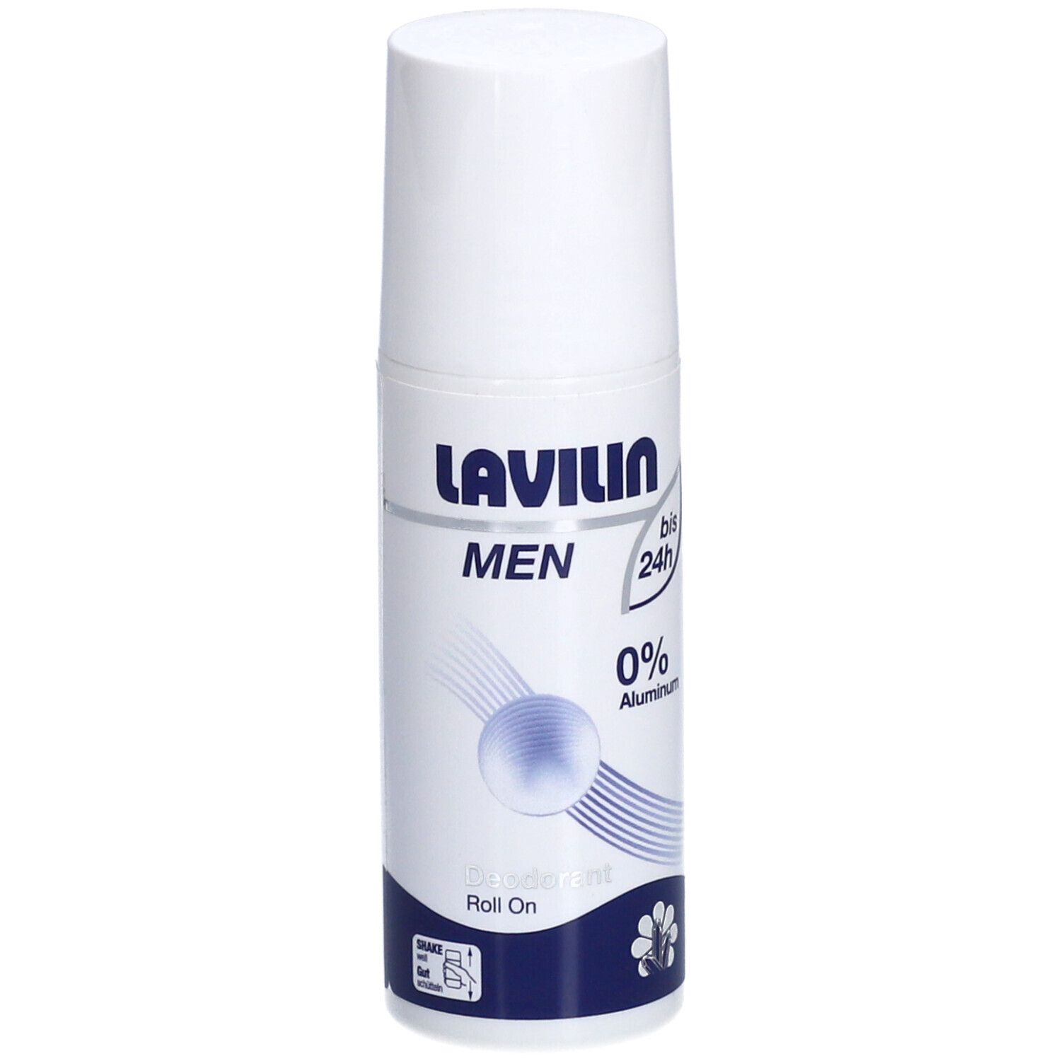 Weißer Roll-On-Deo mit blauer Grafik. Schriftzug: LAVILIN MEN, 0% Aluminium. Blüte-Symbol.