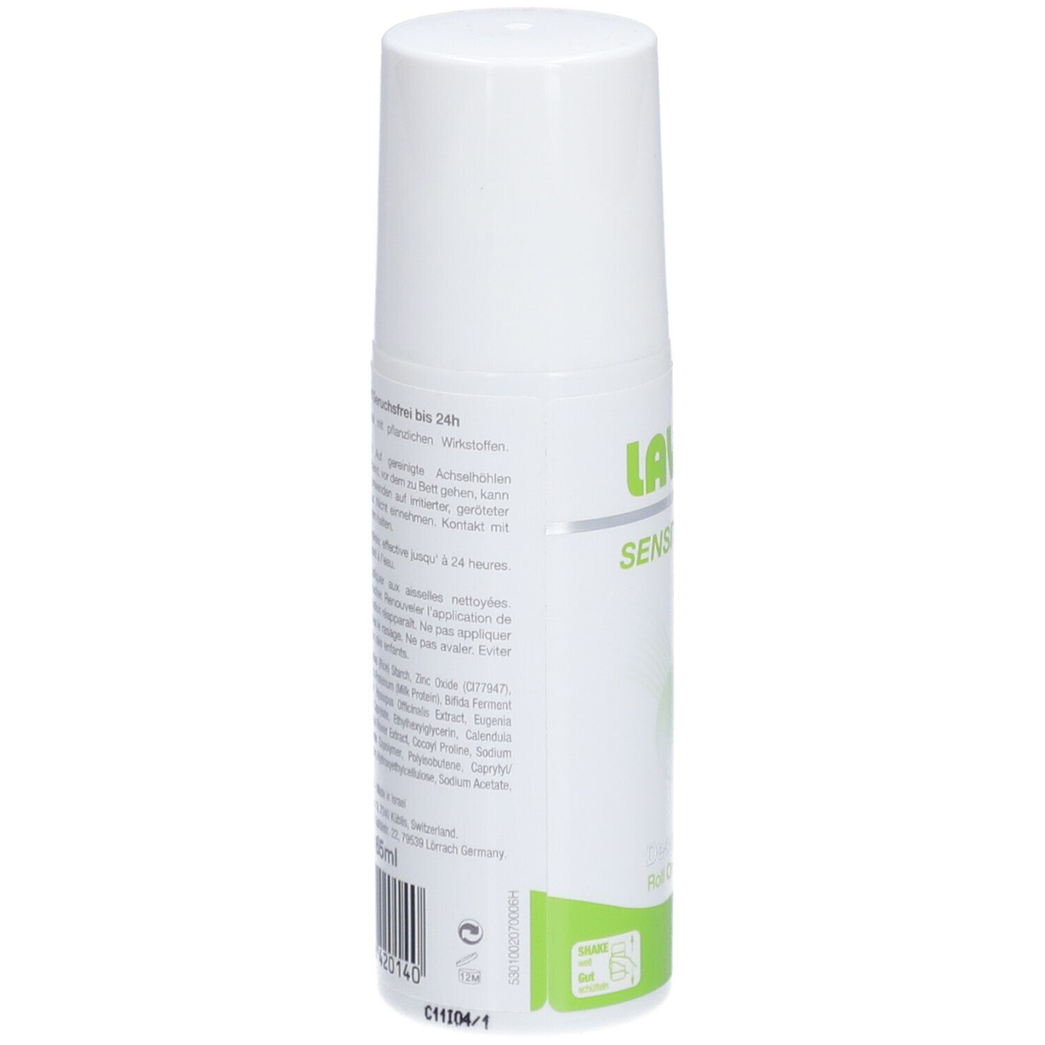 Rückseite des weißen Roll-on-Deos. Text in deutscher Sprache. Grünes Etikett mit Logo und Informationen.