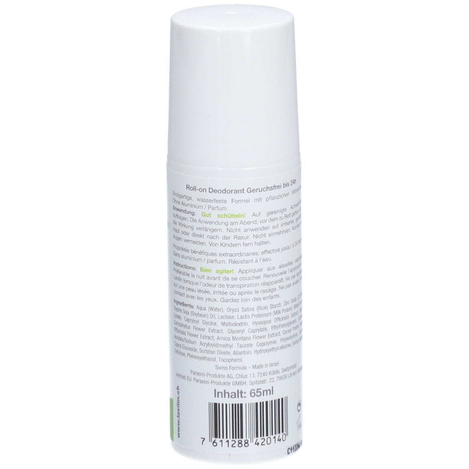 Rückseite des weißen Roll-on-Deos. Text in deutscher Sprache. Grünes Etikett mit Logo und Inhaltsangaben. Inhalt: 65ml.