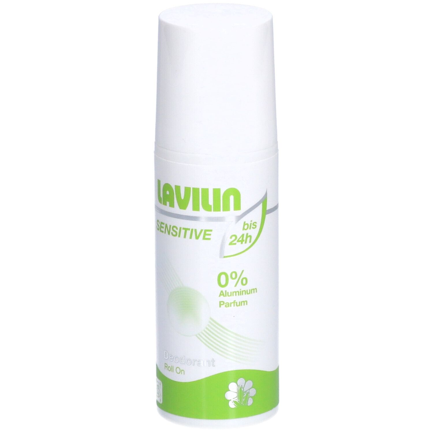 Weißer Roll-on-Deo mit grünem Etikett. Aufschrift: LAVILIN Sensitive, bis 24h, 0% Aluminium, Parfum. Roll On.