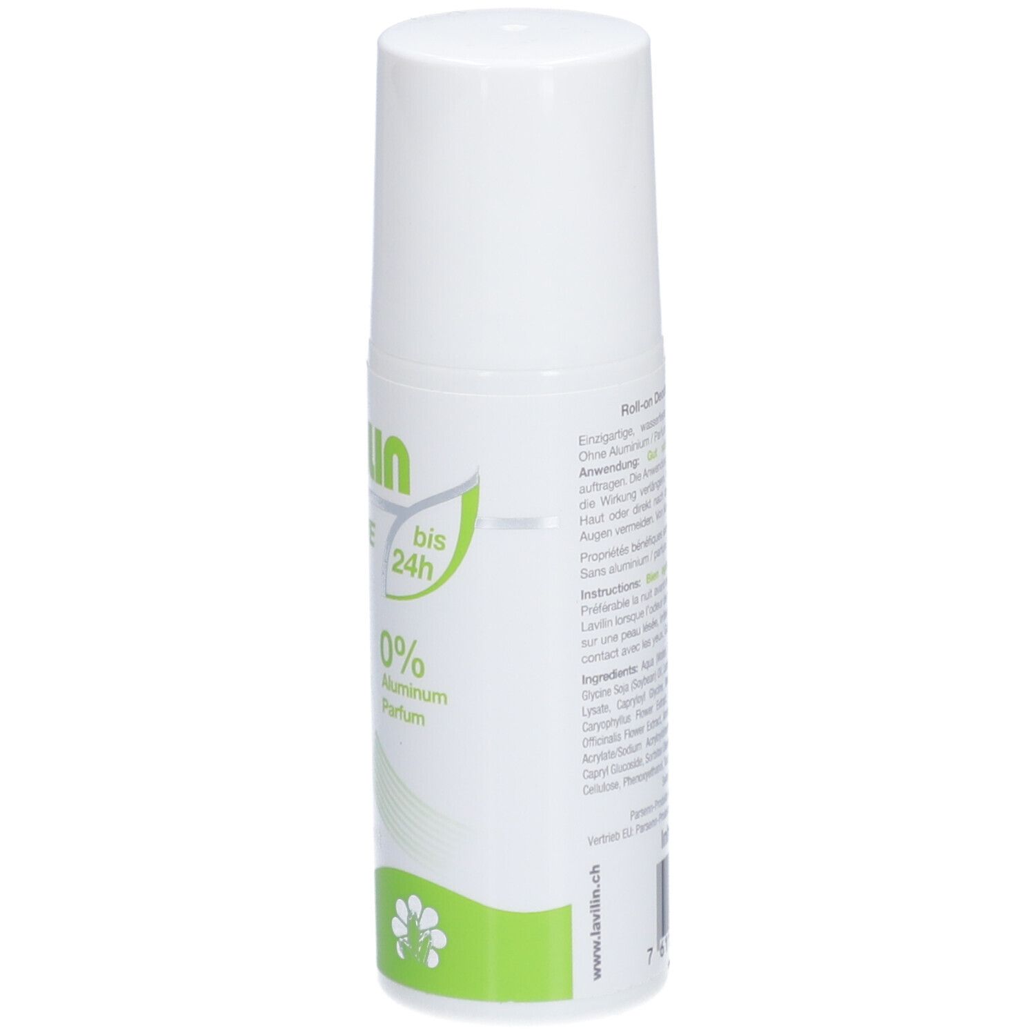 Rückseite des weißen Roll-on-Deos. Text in deutscher Sprache. Grünes Etikett mit Logo und Informationen.