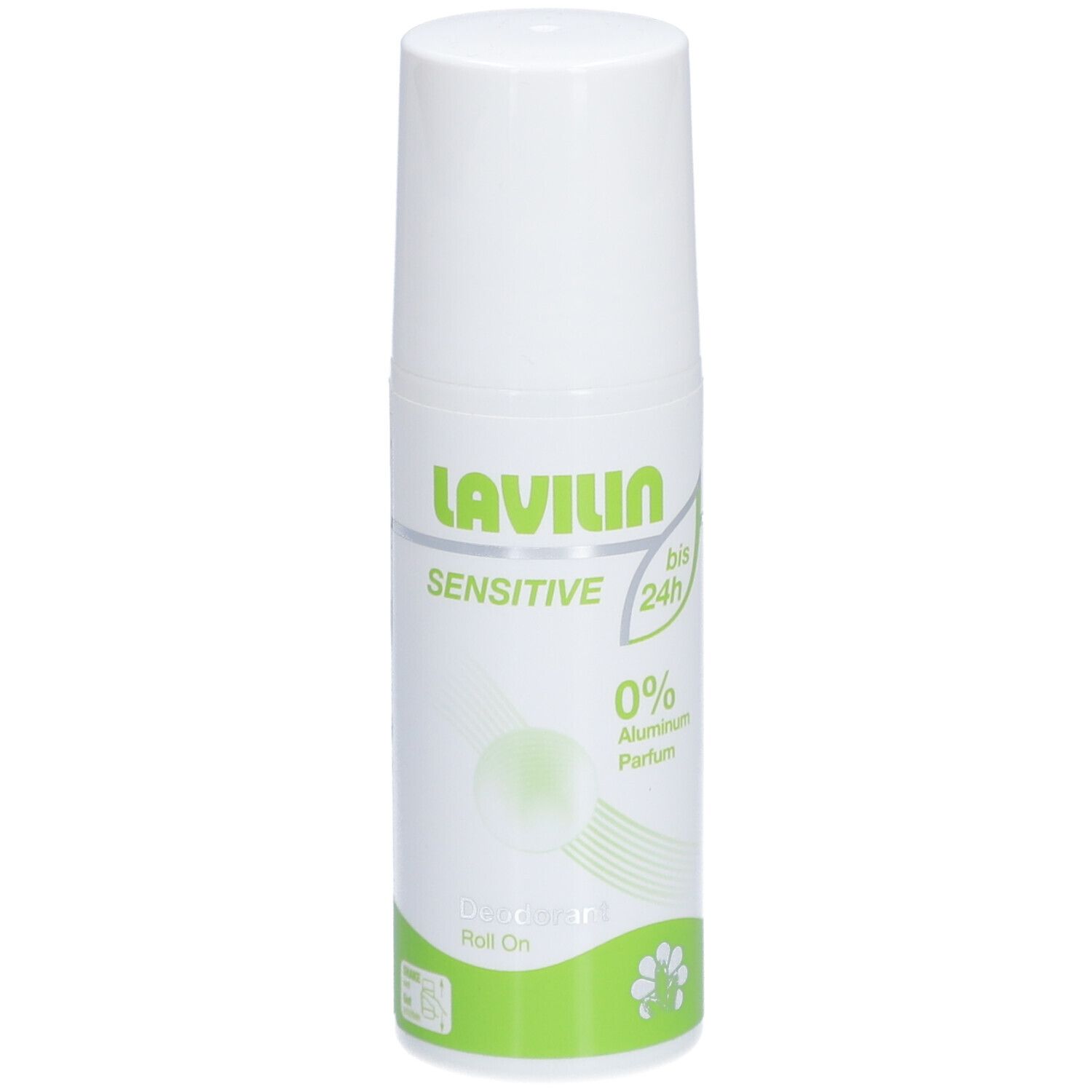 Weißer Roll-on-Deo mit grünem Etikett. Aufschrift: LAVILIN Sensitive, 0% Aluminium, Parfum. Roll On.