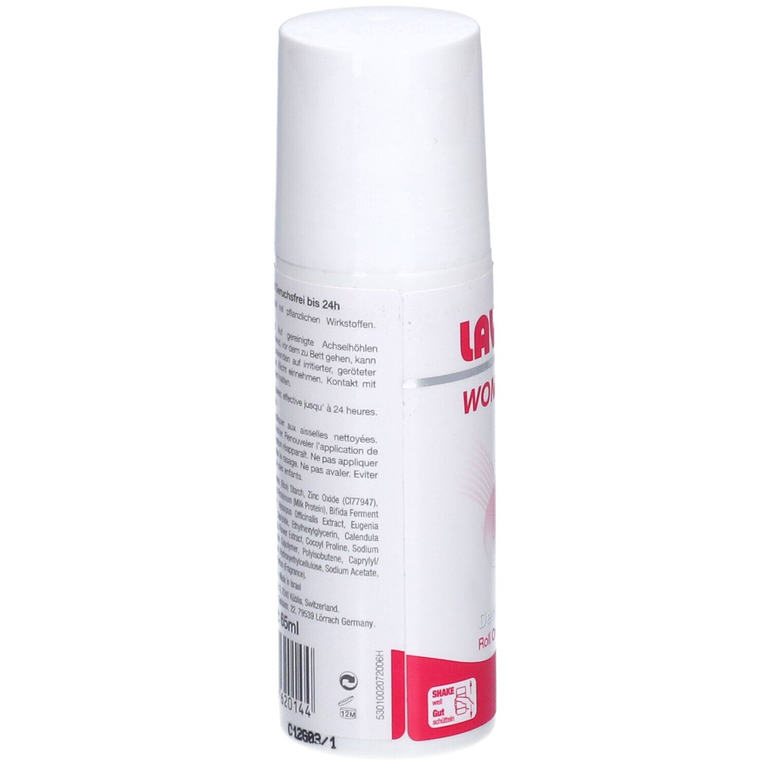 Weißer Roll-on-Deodorant. Text auf Deutsch. Inhaltsstoffe und Herstellerinformationen. Roter Streifen unten.