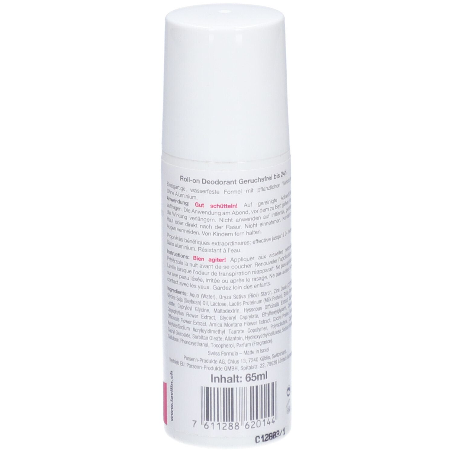 Weißer Roll-on-Deodorant. Text auf Deutsch. Inhaltsstoffe und Herstellerinformationen. Inhalt: 65ml.