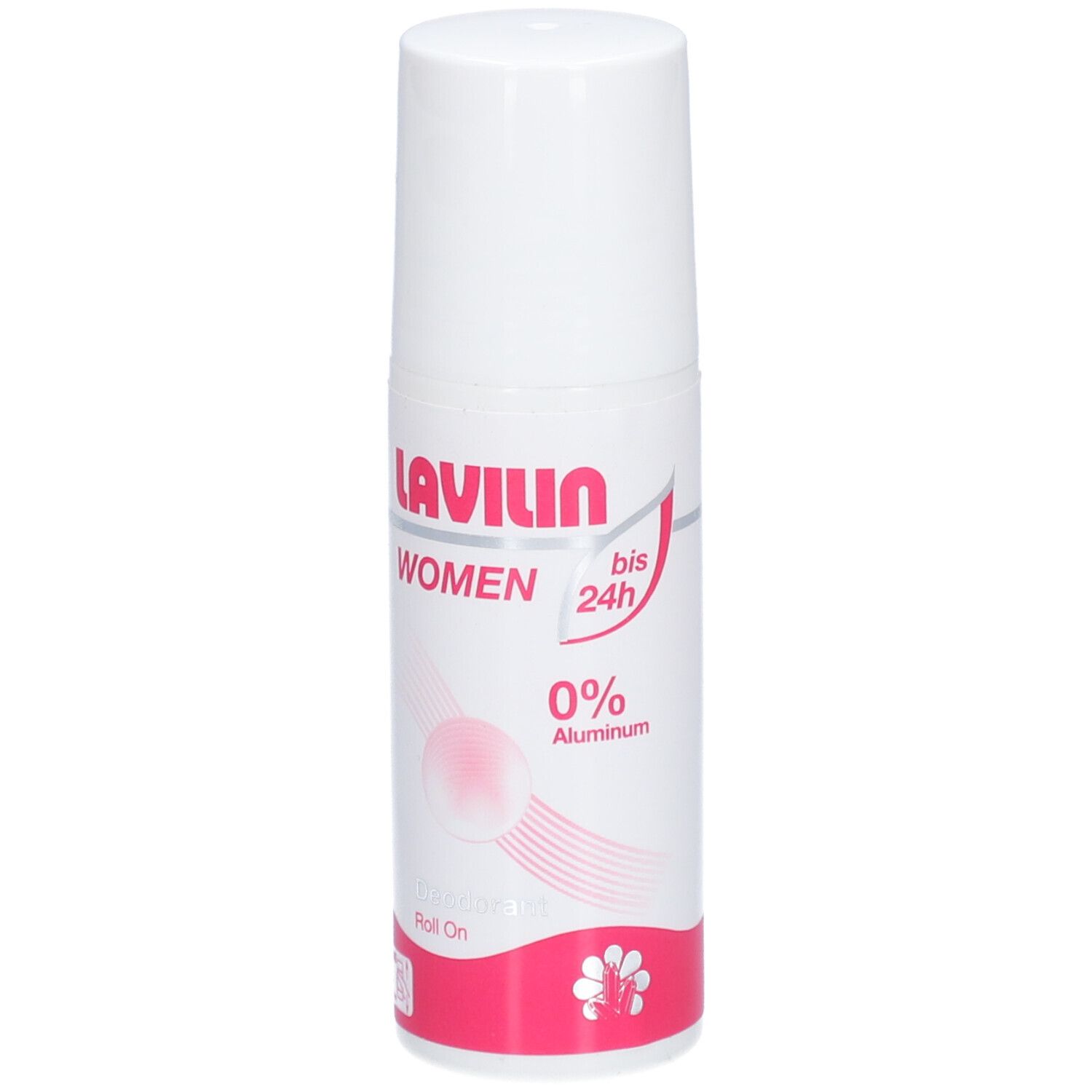 Weißer Roll-on-Deodorant mit roter Schrift. LAVILIN WOMEN, 0% Aluminium. Roll On. Bis zu 24h.
